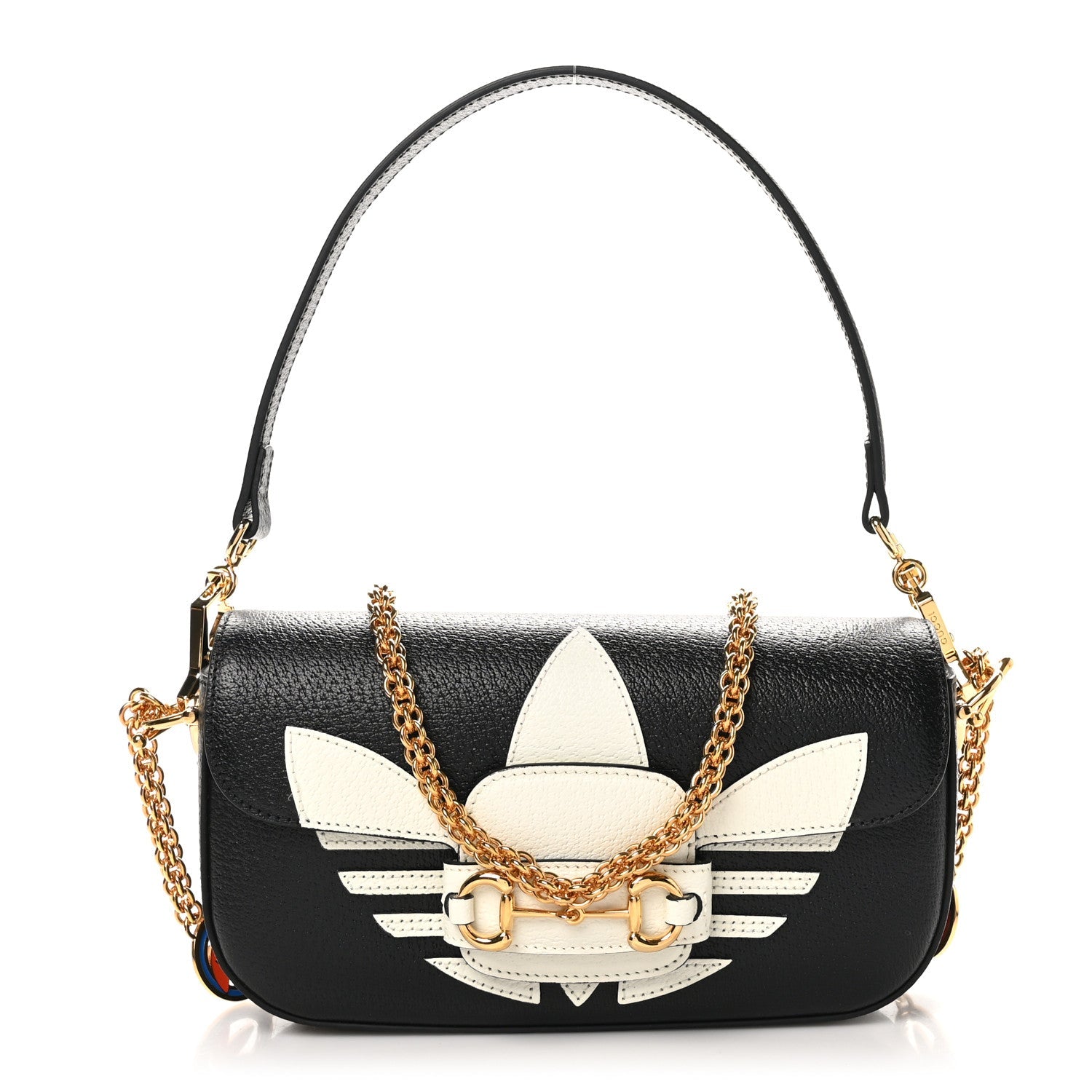 X ADIDAS Textured Dollar Calfskin Web Small Trefoil Horsebit 1955 Shoulder Bag Black Off White