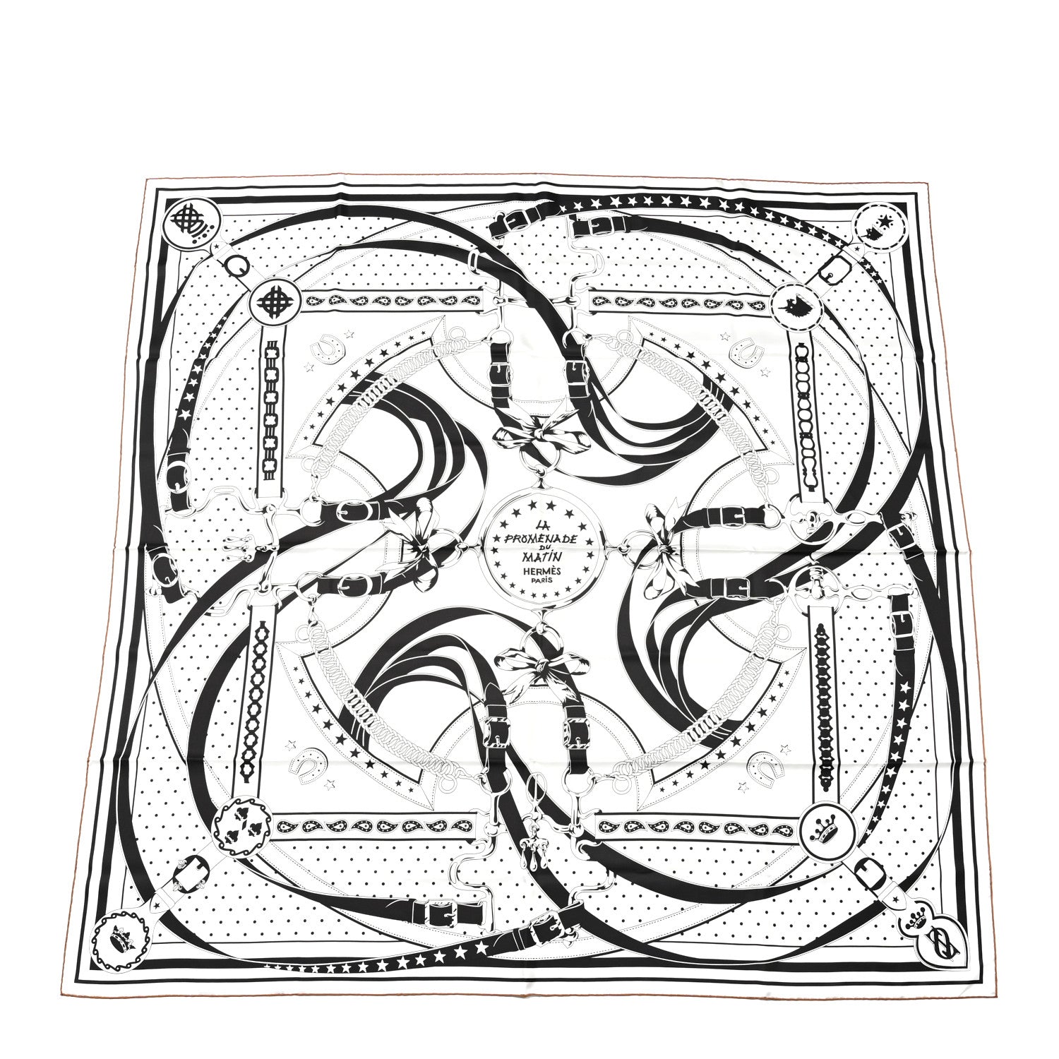 Silk La Promenade du Matin Bandana Double Face Scarf 140 White Black Cuir