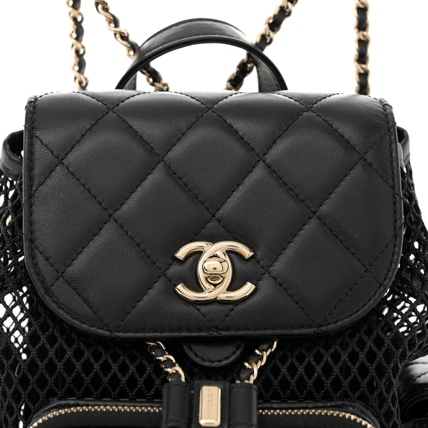 Shiny Lambskin Mesh Quilted Small Cargo Duma Drawstring Backpack Black
