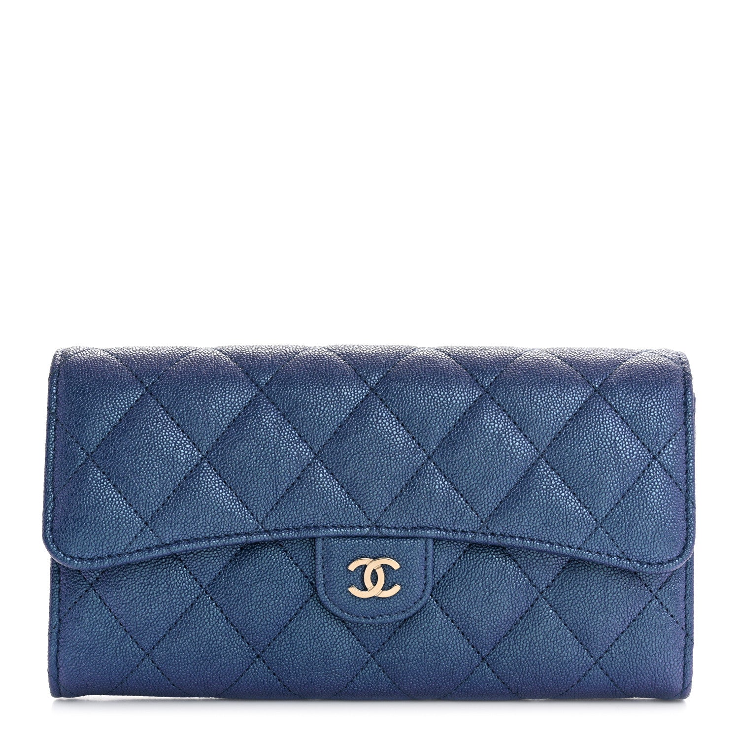 Iridescent Caviar Quilted Large Gusset Flap Wallet Dark Blue