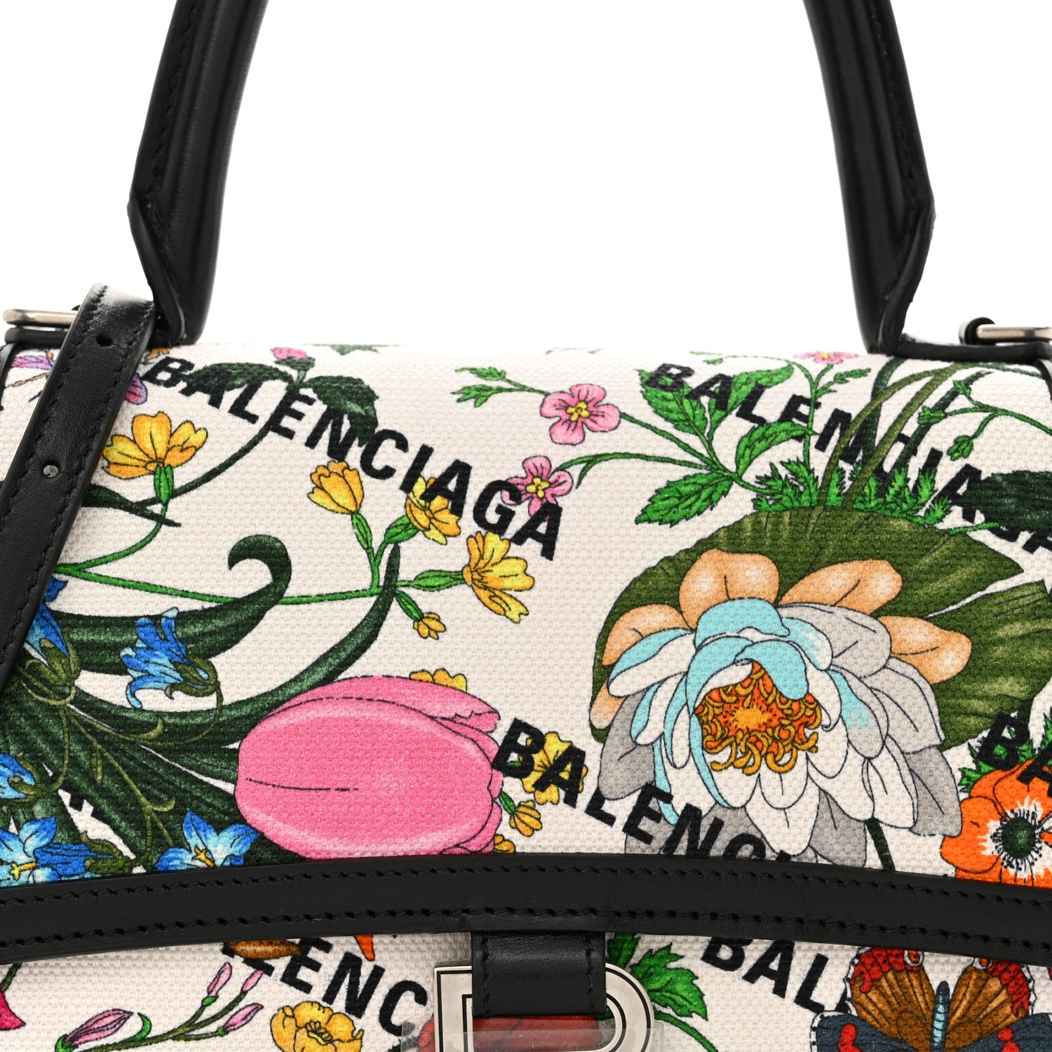X GUCCI Canvas Boarded Plutone Calfskin Flora Logo Print Small Hourglass Top Handle Bag White Multicolor Black
