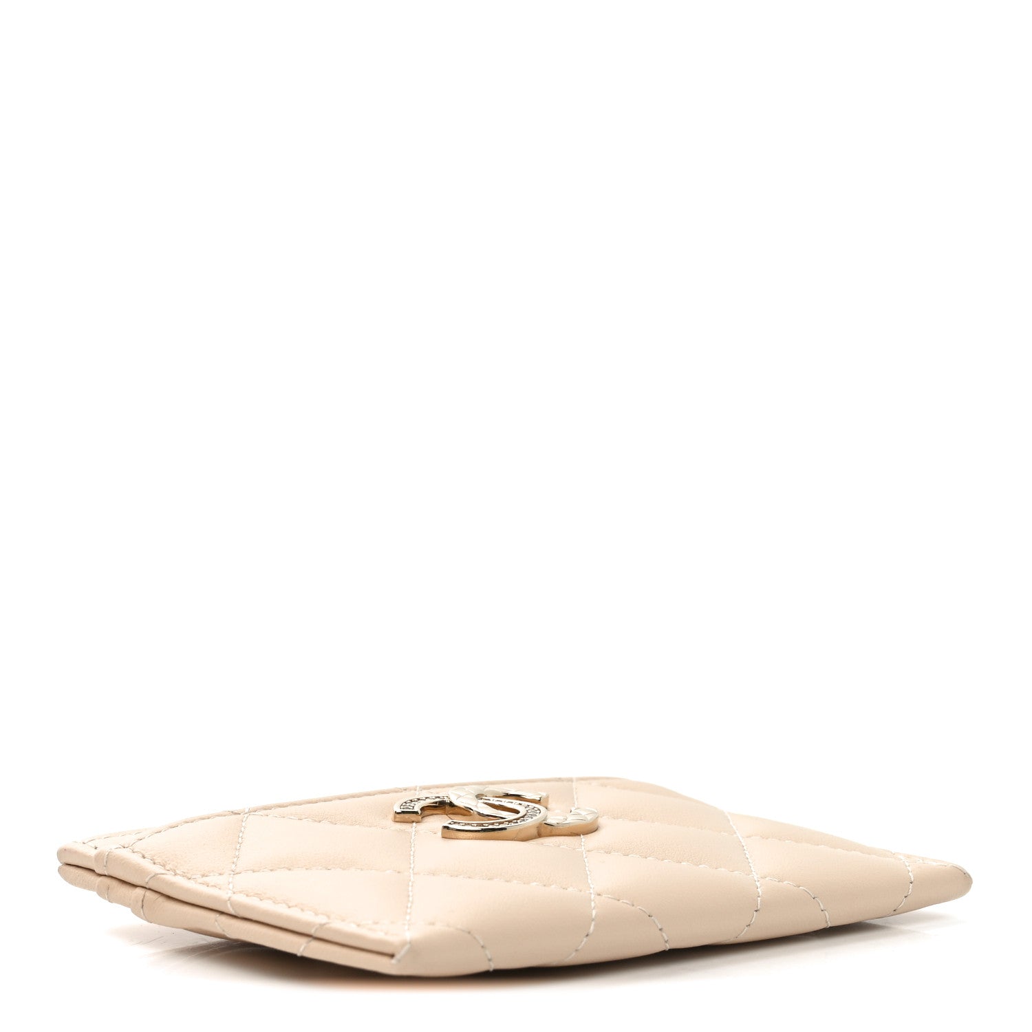 Lambskin Quilted Crystal CC Card Holder Beige