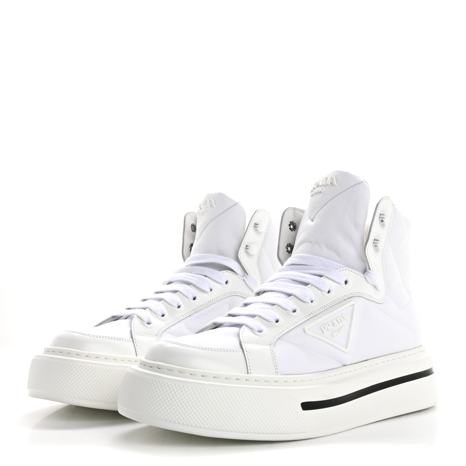 Re-Nylon Gabardine Spazzolato Macro Quilted Triangle Logo Mens High Top 45mm Sneakers 8.5 White