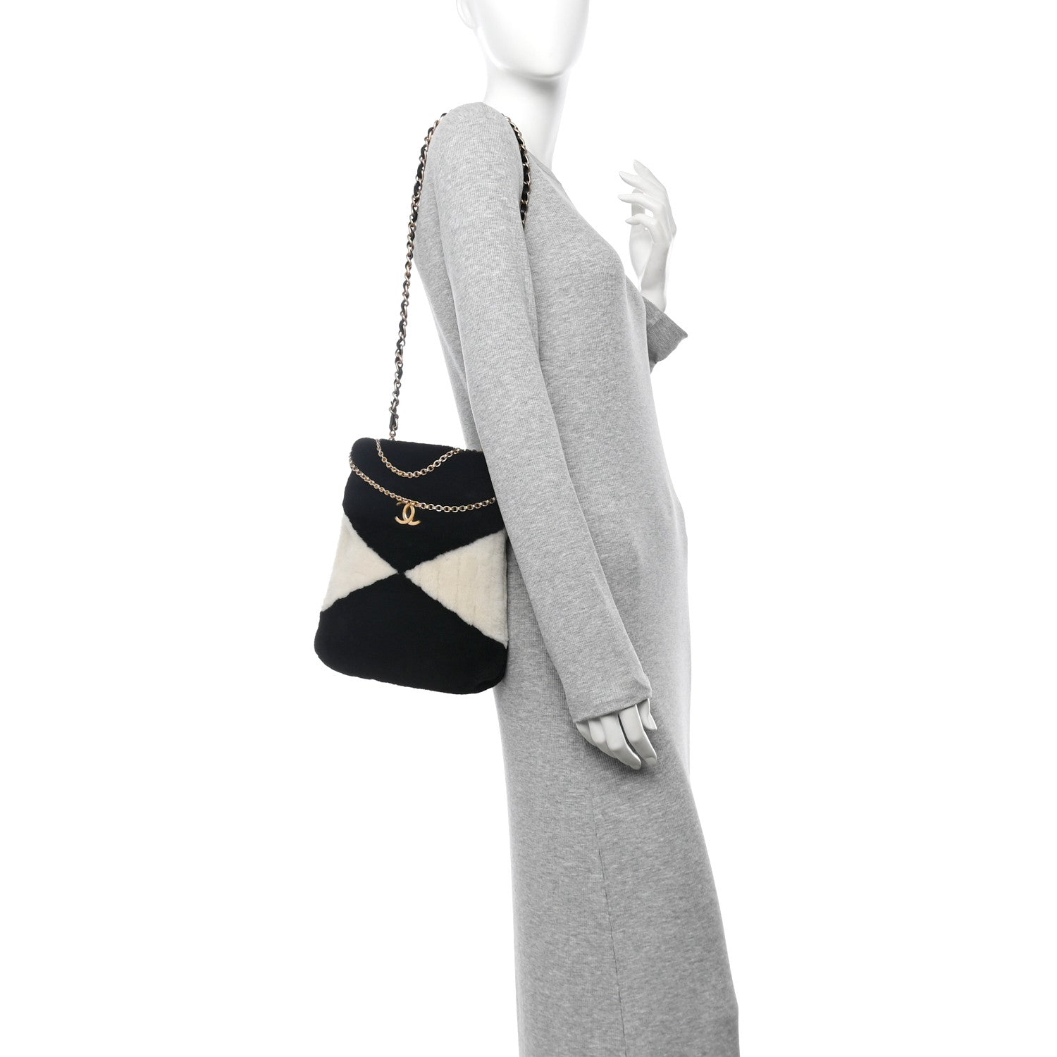 Shearling Checkered Drawstring Bag White Black