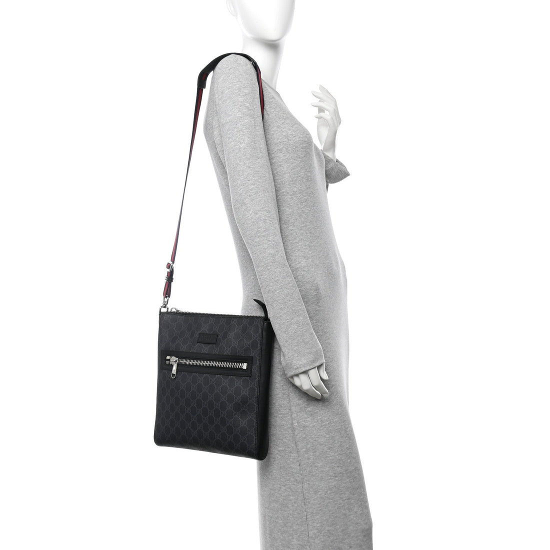 GG Supreme Monogram Appia Calfskin Web Flat Messenger Bag Black Grey