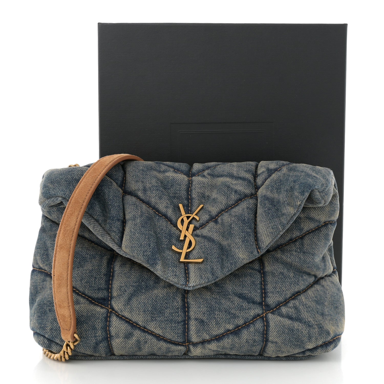 Denim Quilted Toy Loulou Puffer Monogram Chain Satchel Blue Cinnamon