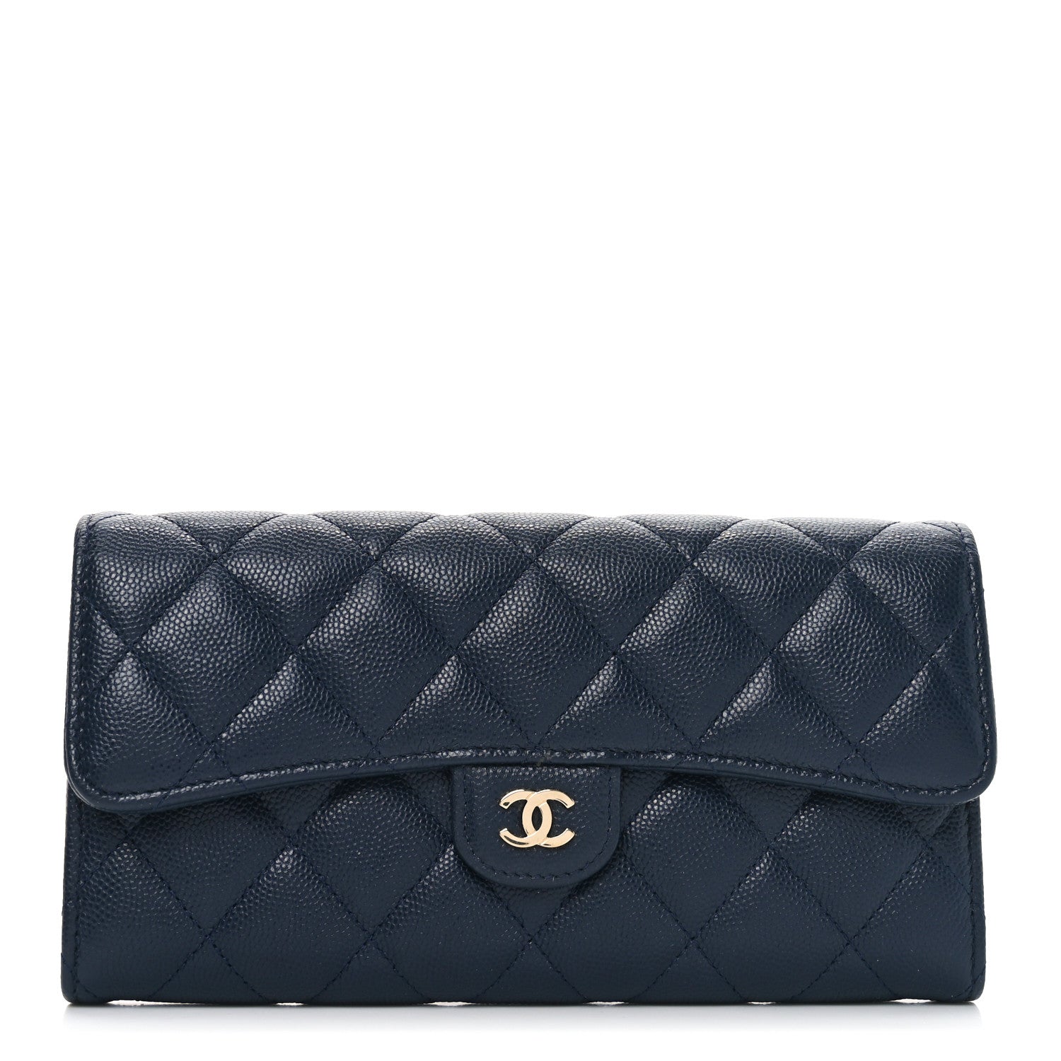 Caviar Quilted Large Gusset Flap Wallet Navy