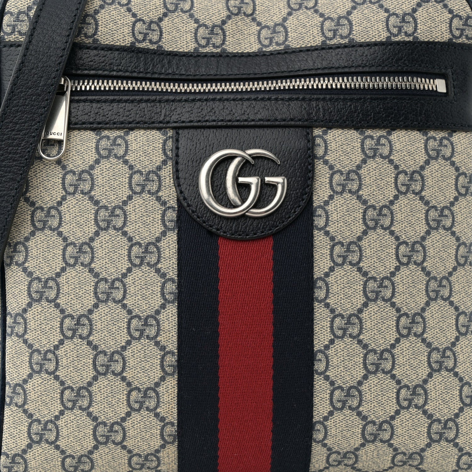 GG Supreme Monogram Textured Dollar Calfskin Web Small Ophidia Messenger Bag Beige Blue
