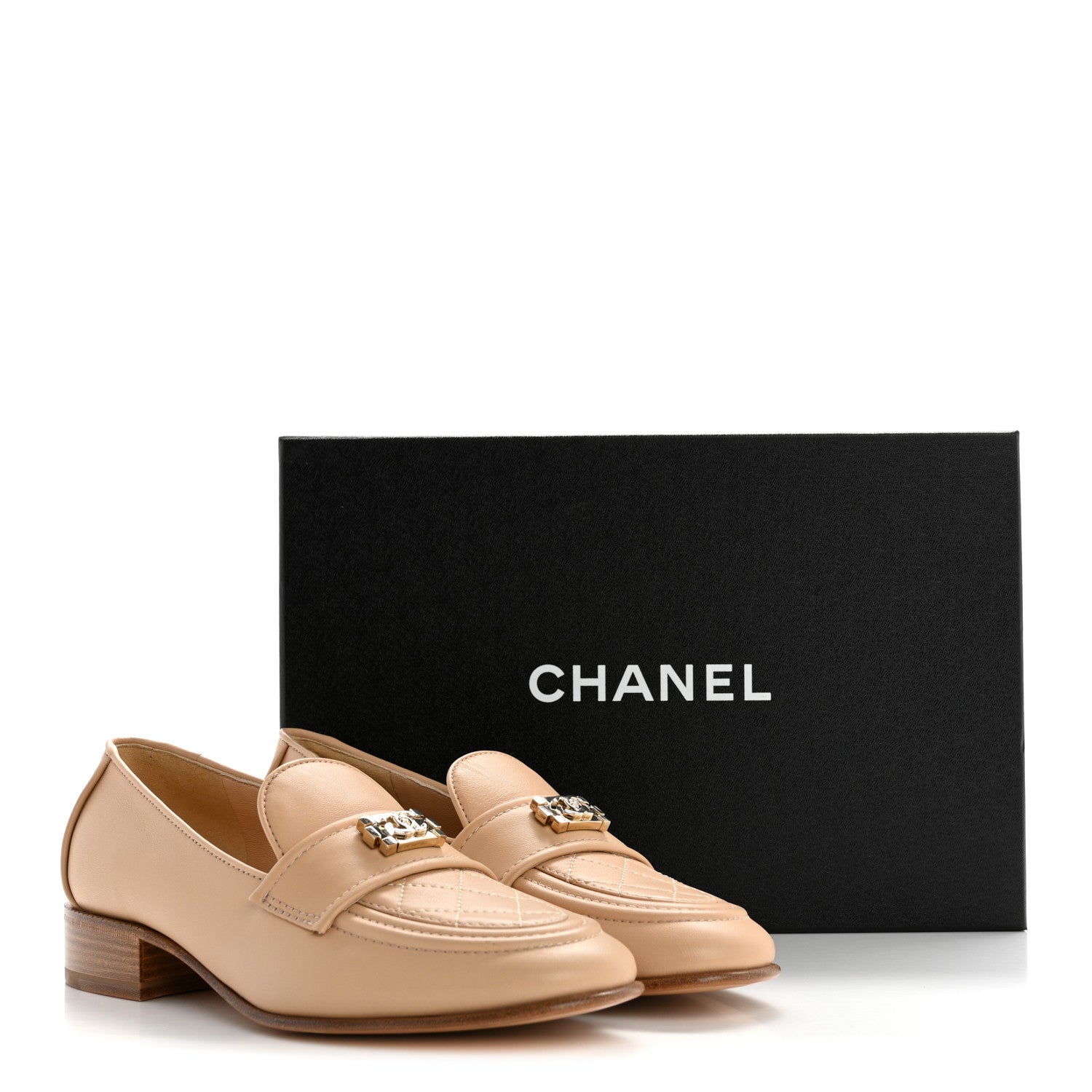 Lambskin Quilted Womens CC Loafers 37 Dark Beige