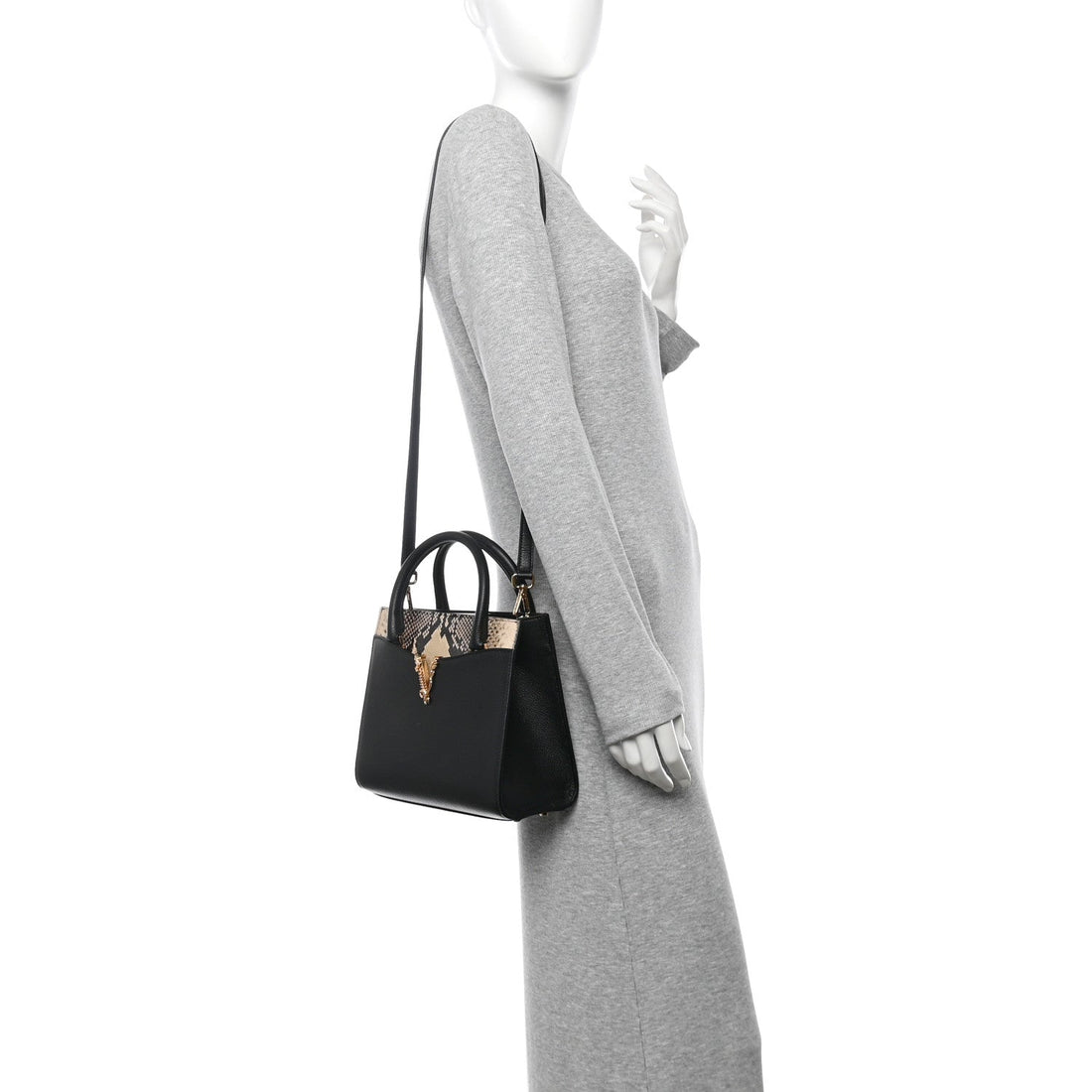 Grained Calfskin Snakeskin Embossed Virtus Top Handle Tote Black