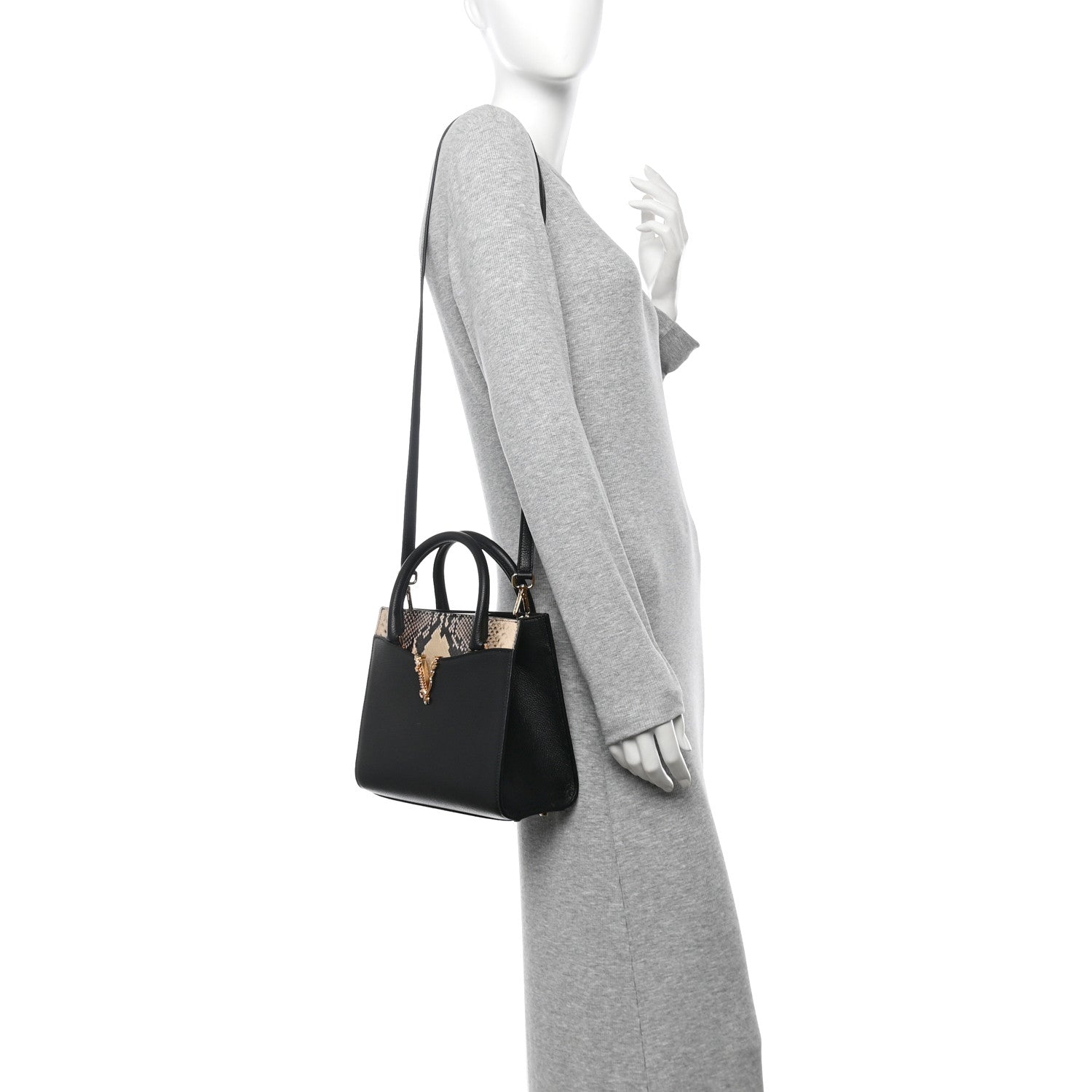 Grained Calfskin Snakeskin Embossed Virtus Top Handle Tote Black