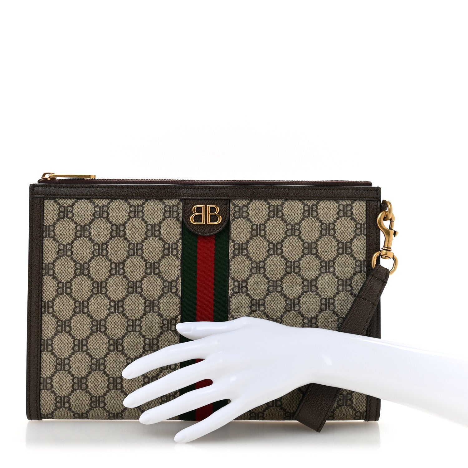 X BALENCIAGA BB Supreme Monogram Web Ophidia Wristlet Beige New Acero