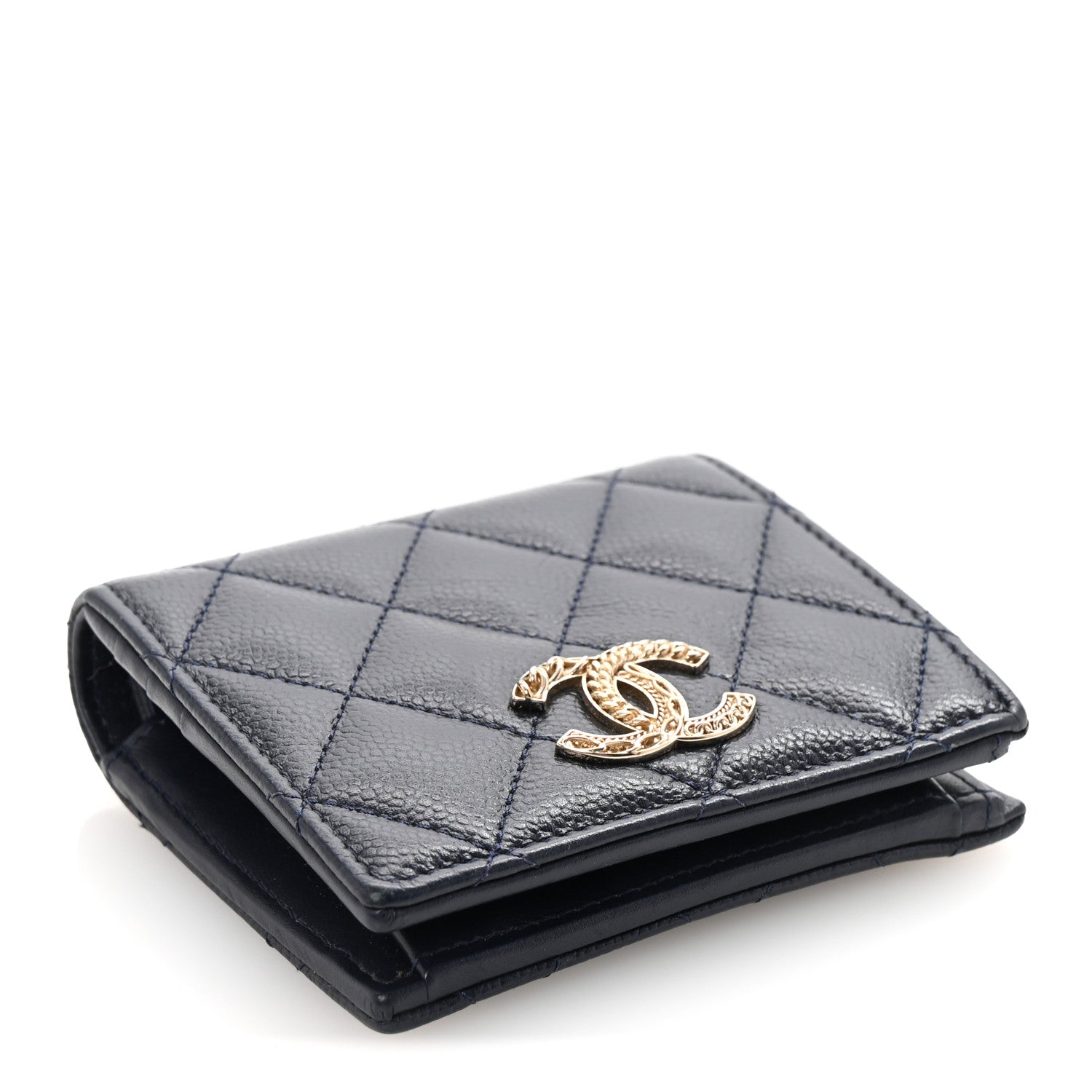 Caviar Quilted Multi Chain CC Compact Bifold Wallet Navy