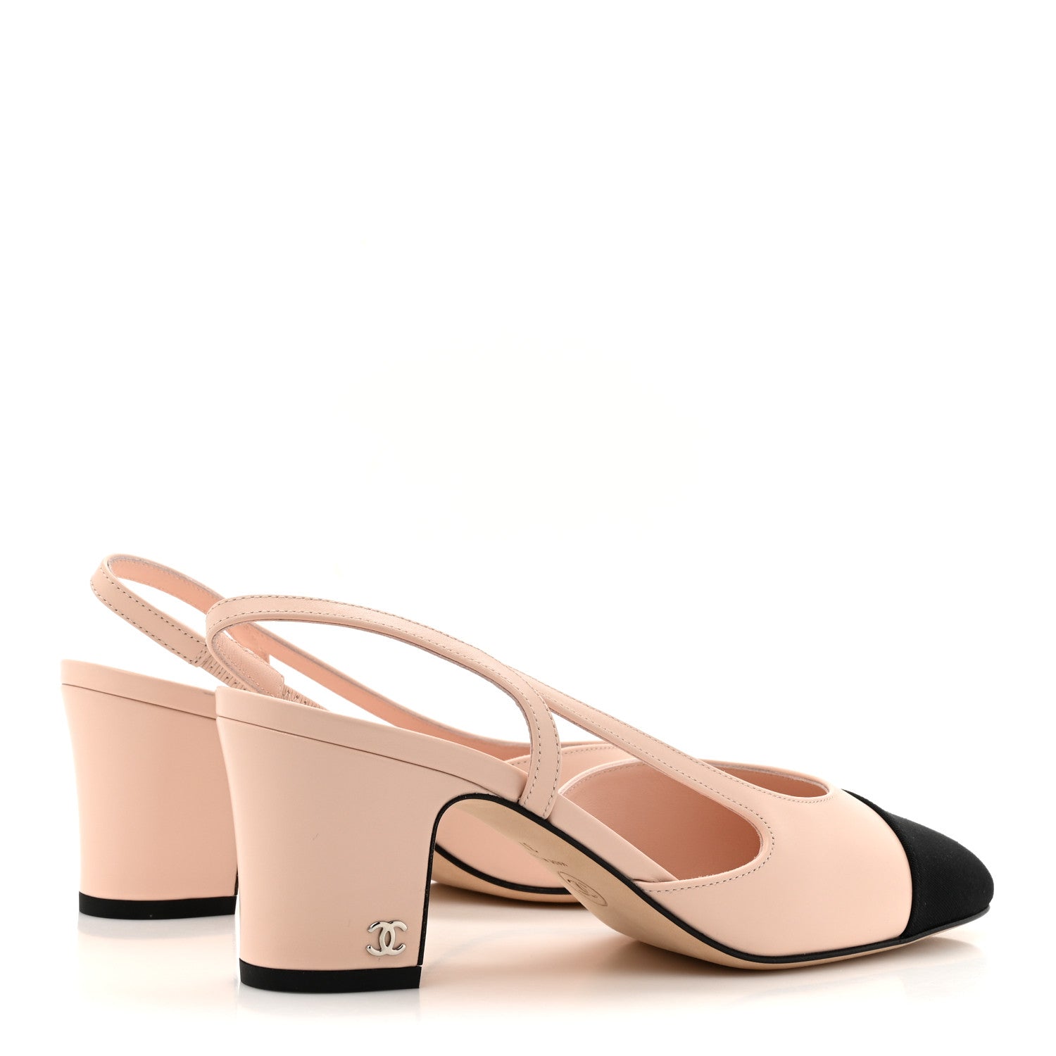 Calfskin Grosgrain Cap Toe CC Slingback Pumps 37 Light Pink Black