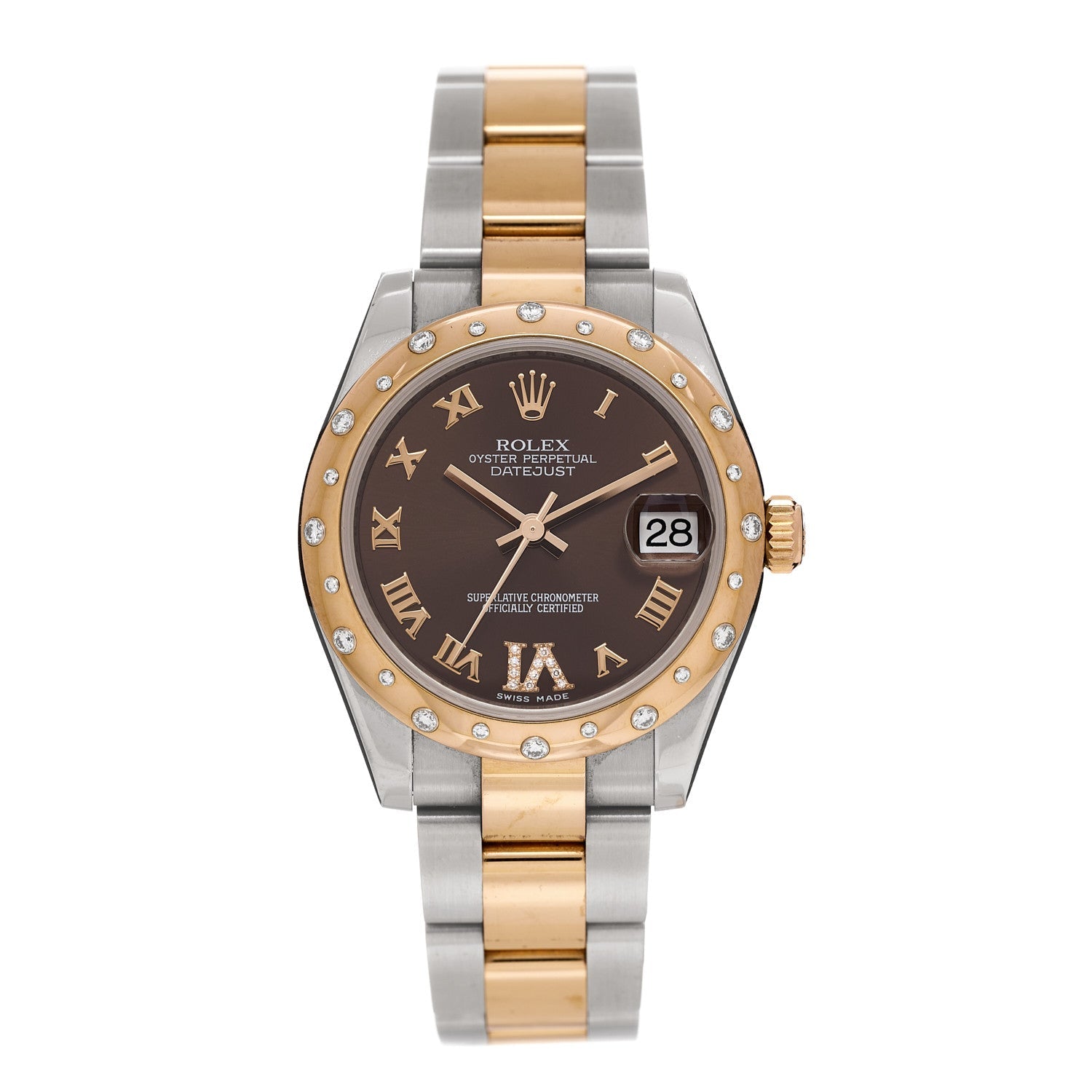 Stainless Steel 18K Everose Gold Diamond 31mm Oyster Perpetual Datejust Watch Chocolate Roman 178341