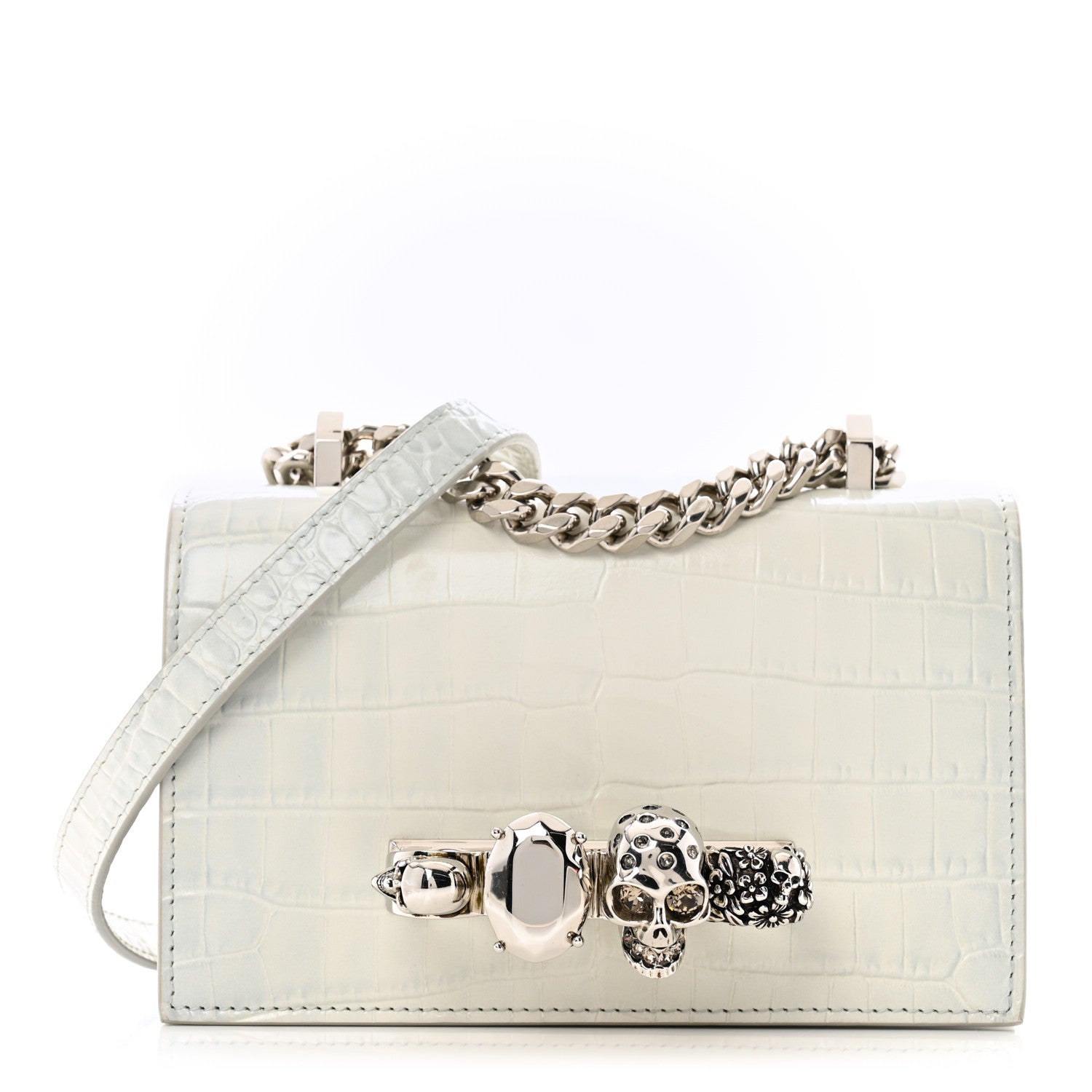 Calfskin Shiny Crocodile Embossed Mini Ombrè Jeweled Satchel Ivory Grey