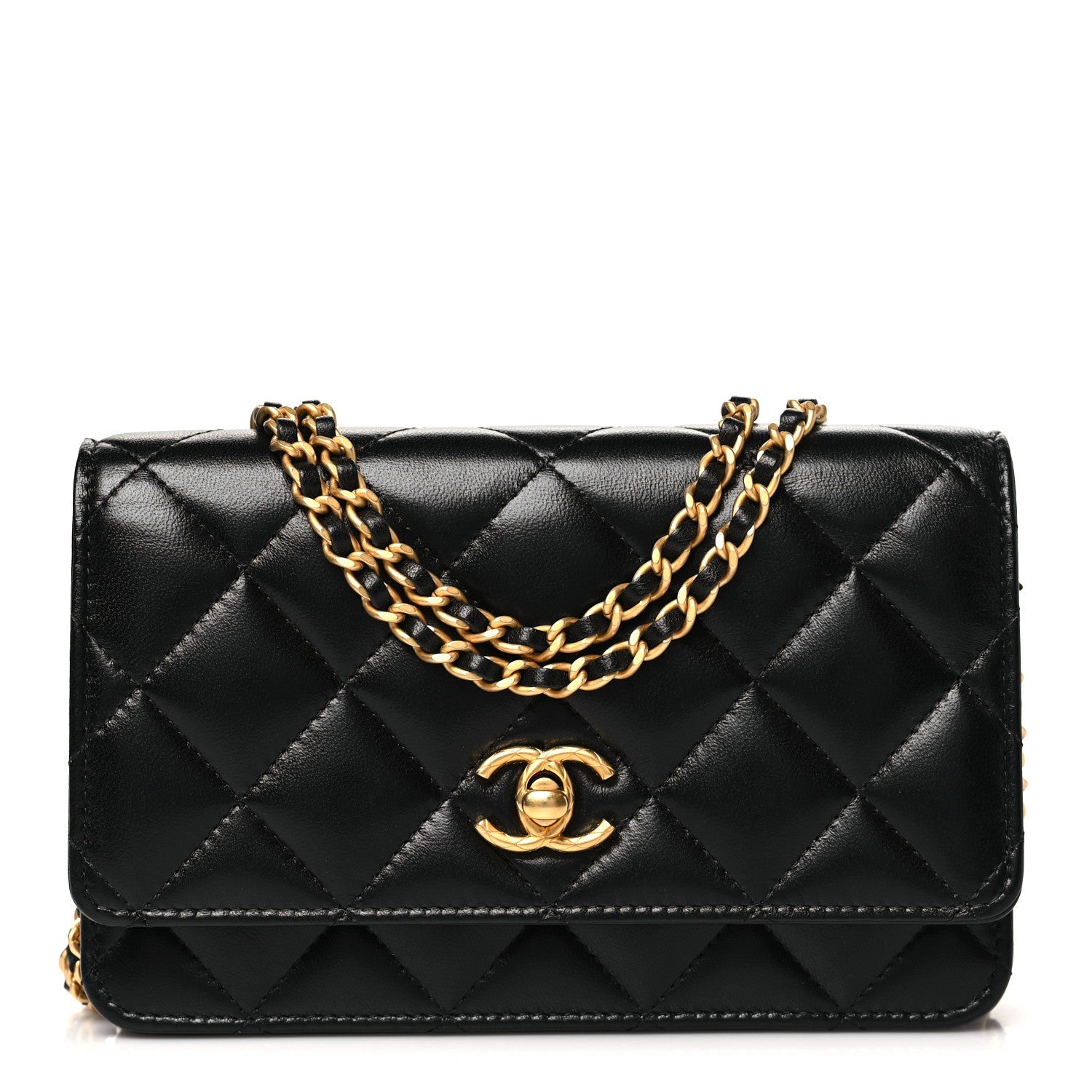 Lambskin Quilted Logo WOC Wallet On Chain Black