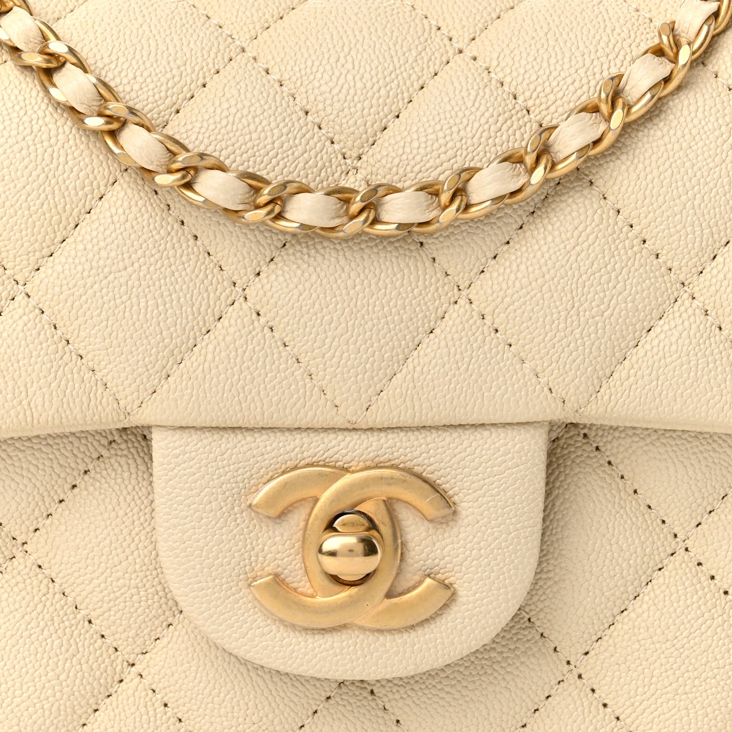 Caviar Quilted Mini Top Handle Rectangular Flap Beige