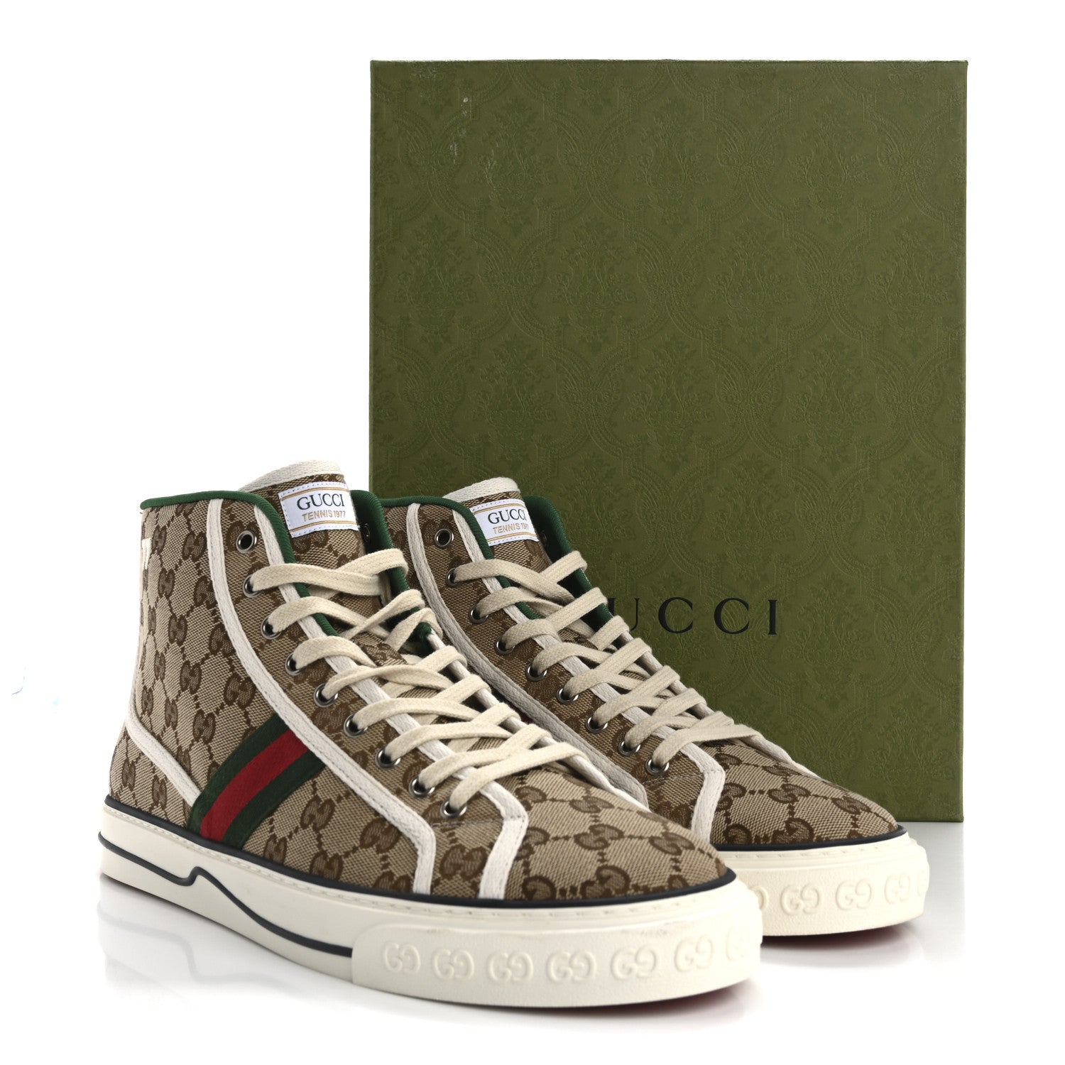 GG Monogram Web Mens 1977 Tennis High Top Sneakers 11 Beige Ebony Mystic White