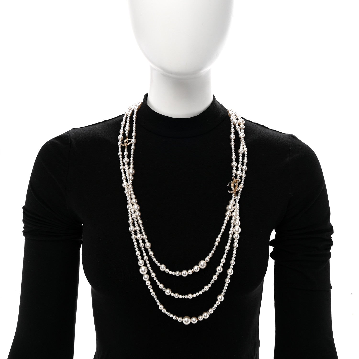 Metal Pearl Crystal Graduated CC Multi Strand Necklace Gold