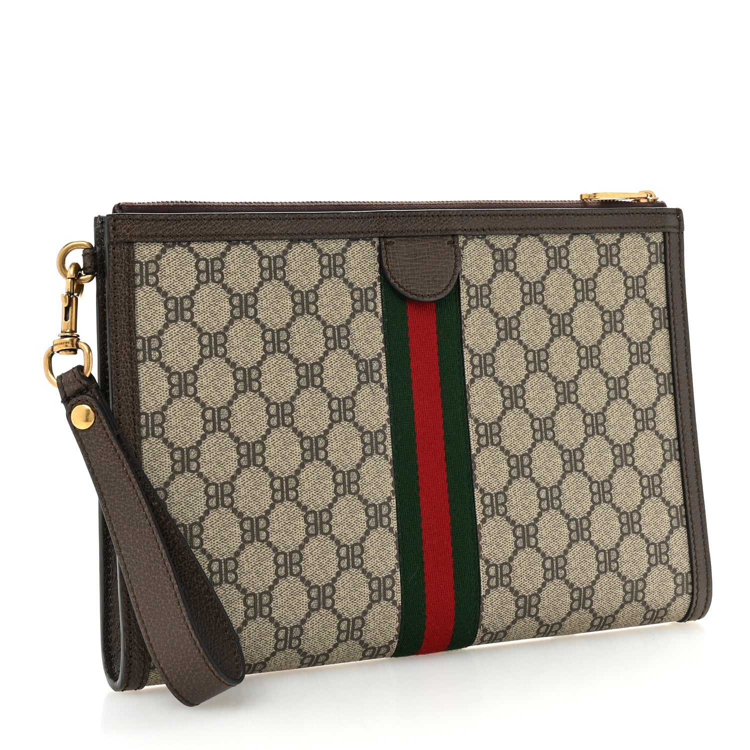 X BALENCIAGA BB Supreme Monogram Web Ophidia Wristlet Beige New Acero