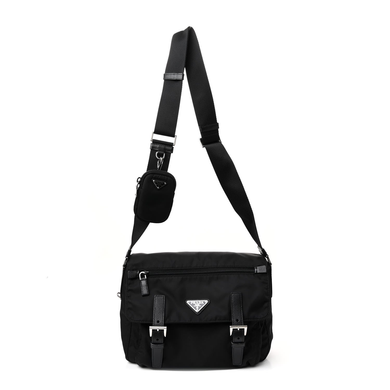 Re-Nylon Vela Saffiano Pocket Double Buckle Messenger Shoulder Bag Black
