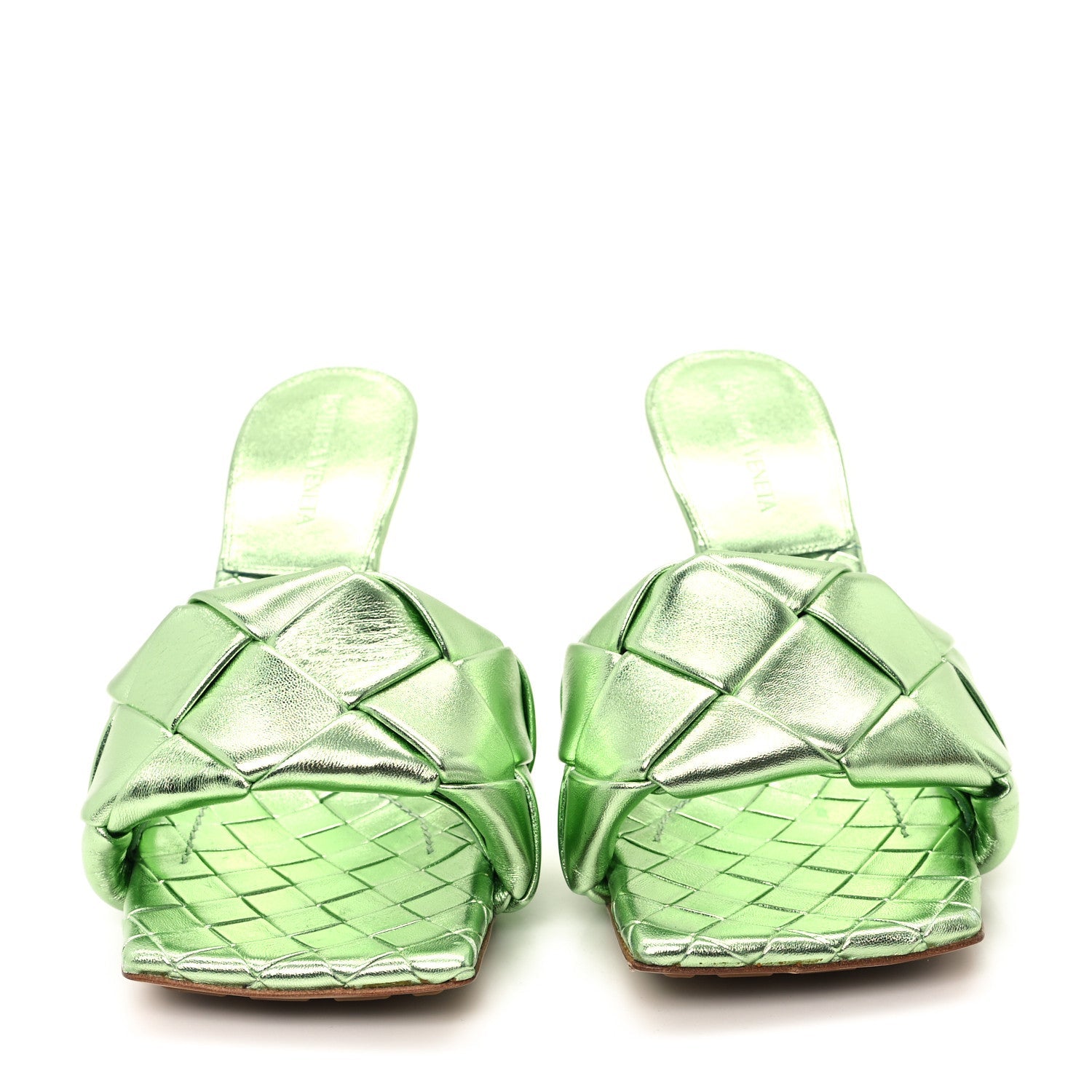 Metallic Nappa Maxi Reflection Weave Lido 90mm Mule Sandals 39 Pistachio
