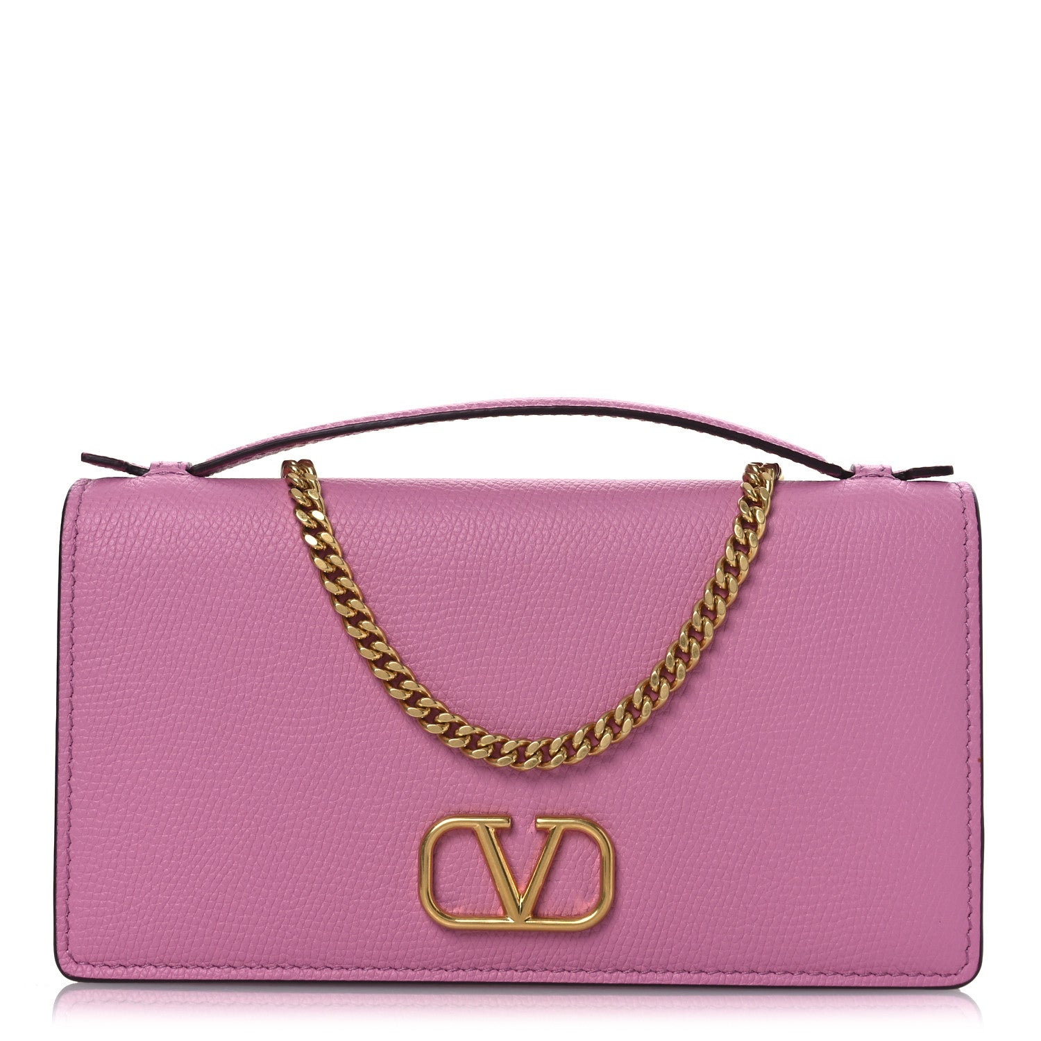 Grainy Calfskin VLogo Top Handle Wallet With Chain Feminine Pink
