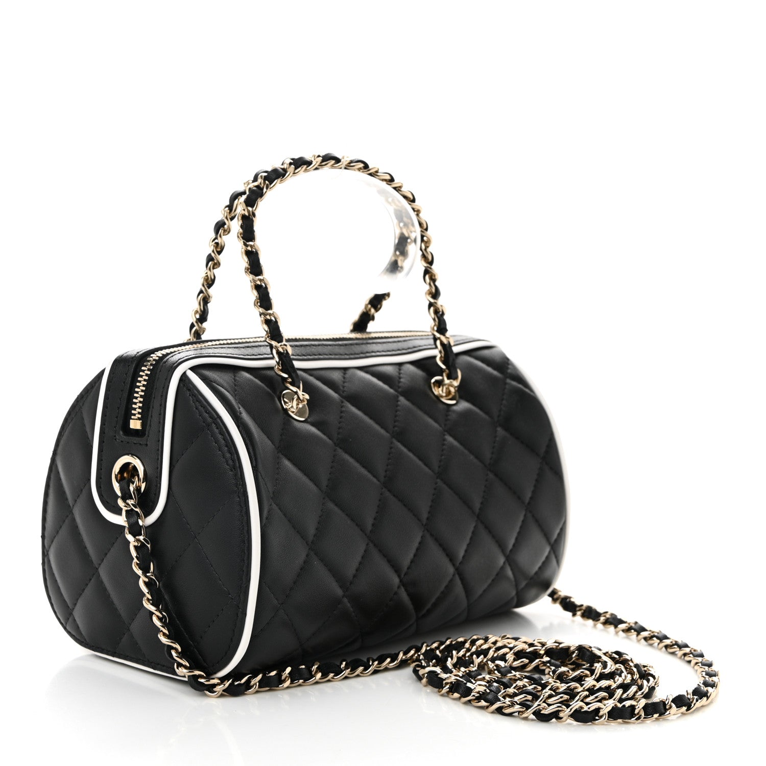 Lambskin Quilted Resin CC Mini Bowling Clutch With Chain Black White