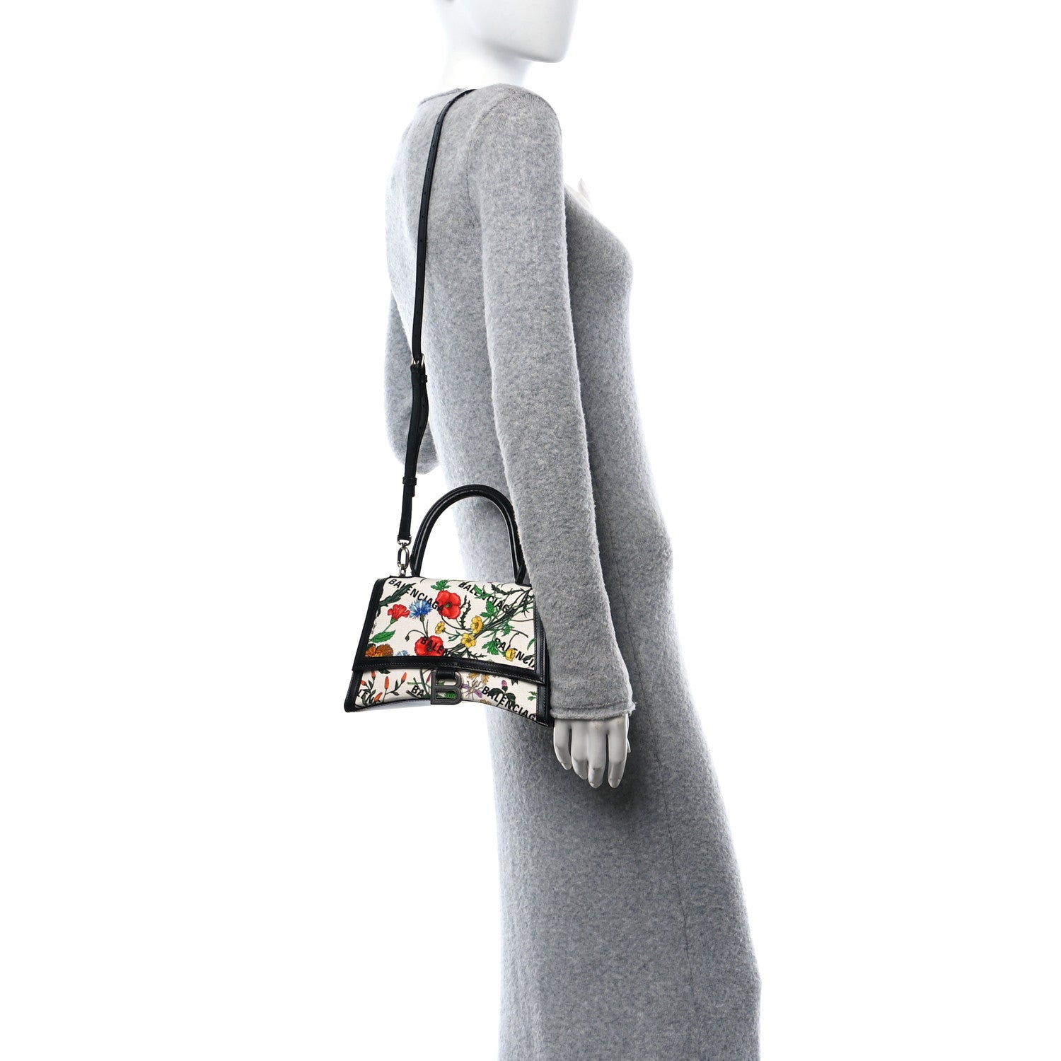 X GUCCI Canvas Boarded Plutone Calfskin Flora Logo Print Small Hourglass Top Handle Bag White Multicolor Black