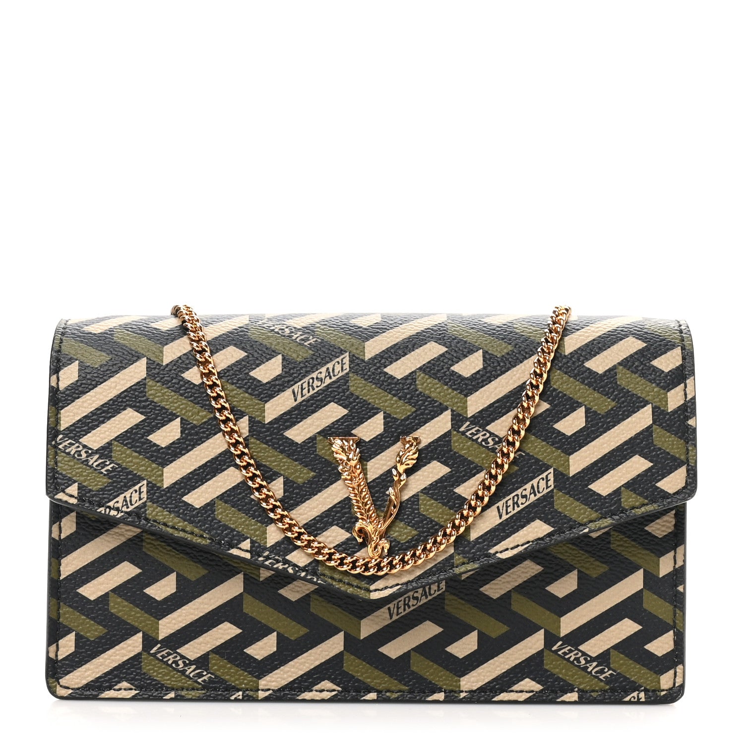 Coated Canvas Virtus La Greca Signature Shoulder Bag Black Khaki