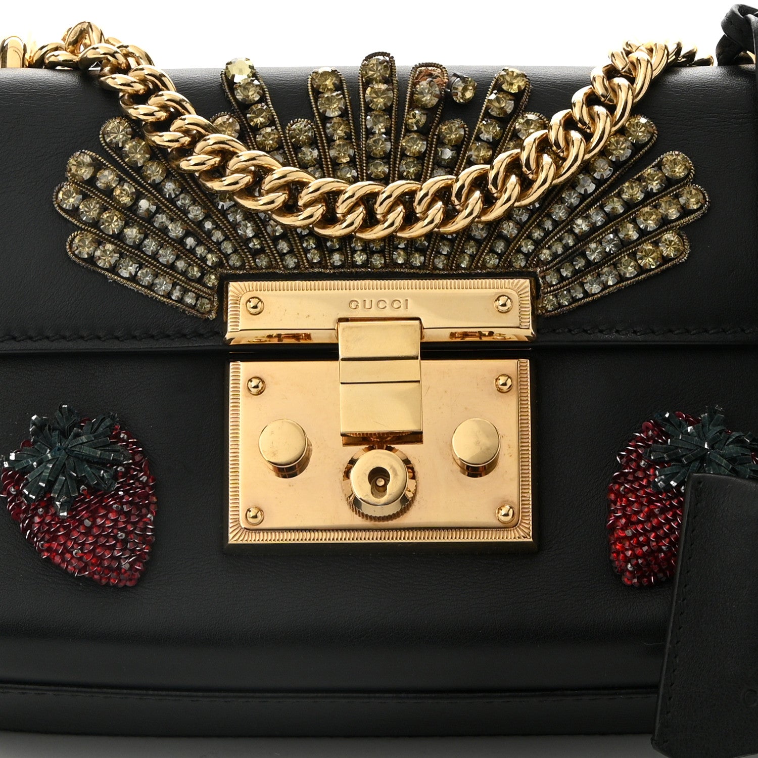 Calfskin Strawberry Embroidered Small Padlock Shoulder Bag Black