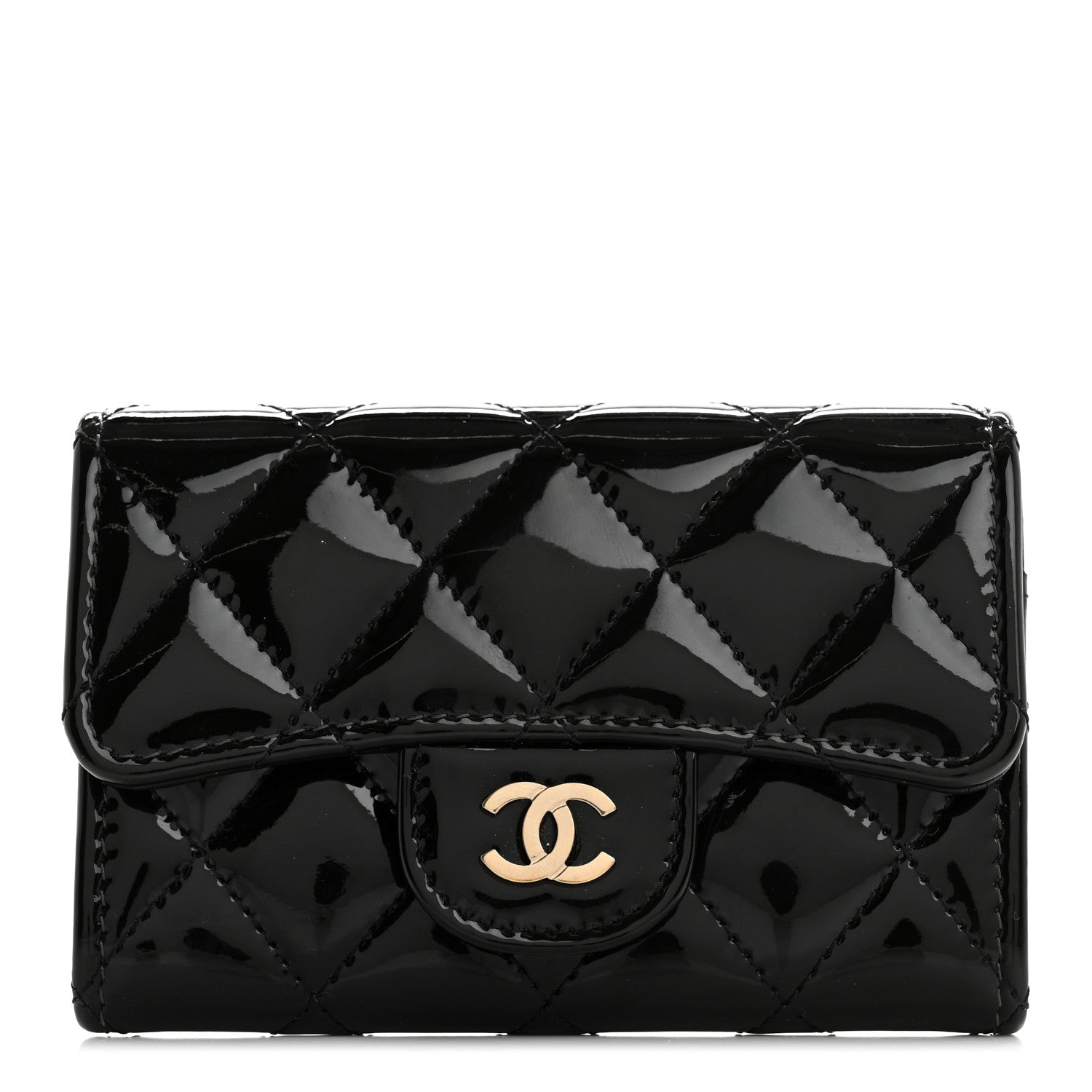 Patent Quilted Flap Card Holder Wallet Black