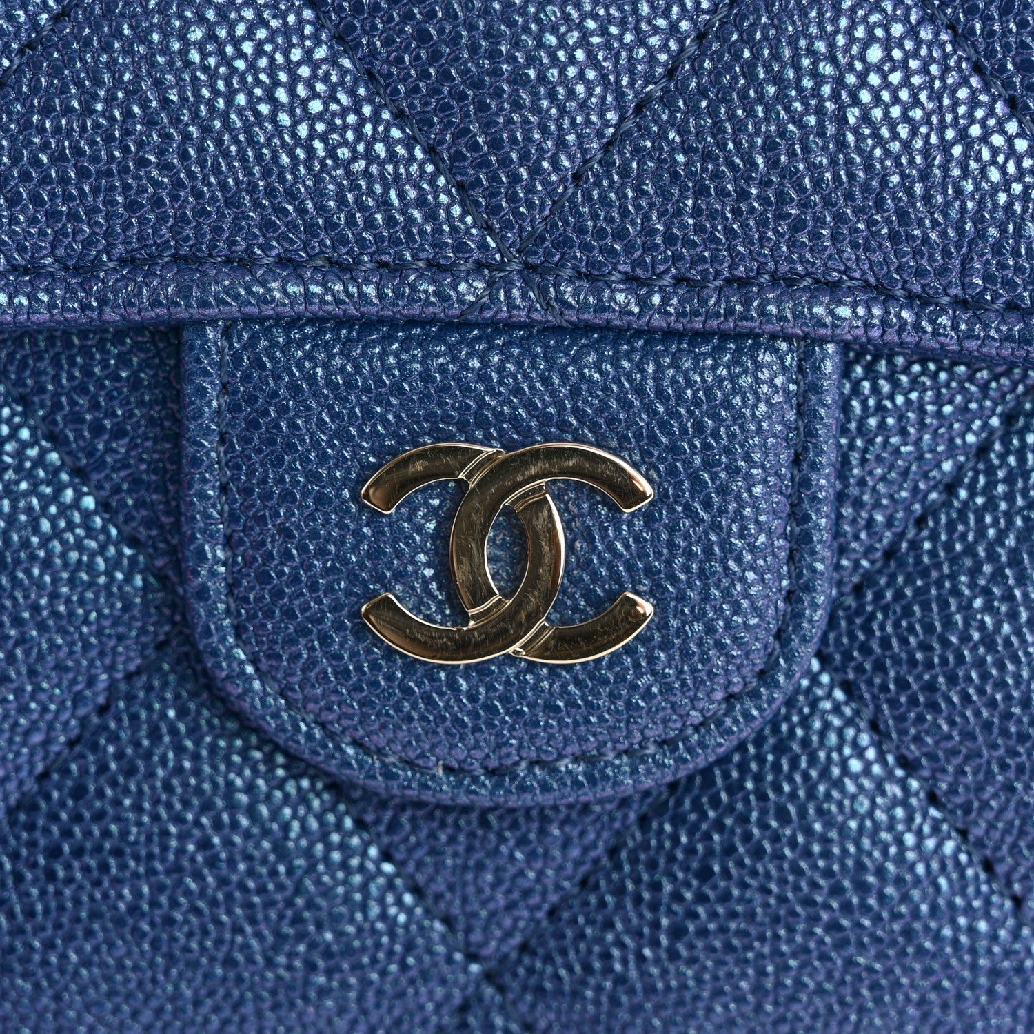 Iridescent Caviar Quilted Large Gusset Flap Wallet Dark Blue