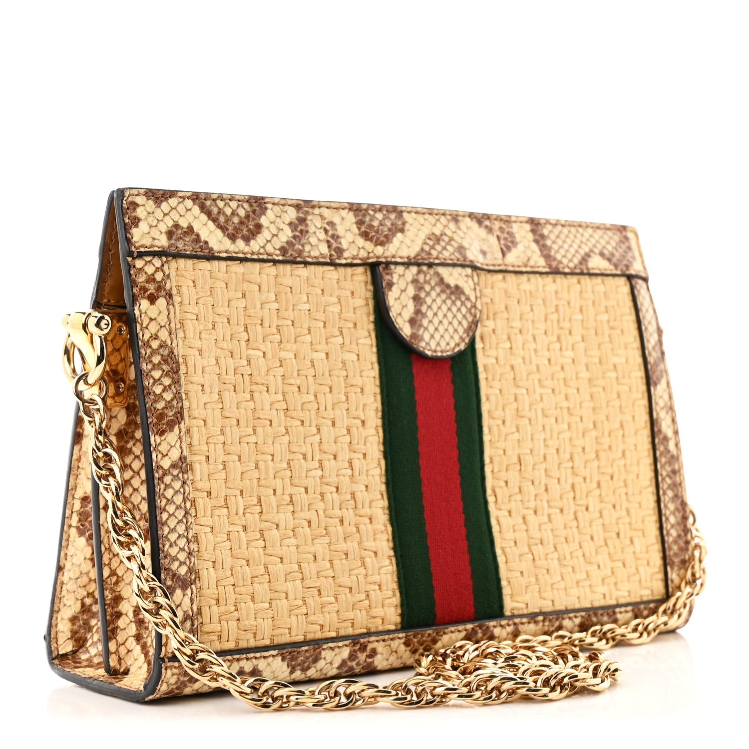 Raffia Elaphe GG Small Ophidia Chain Shoulder Bag Natural Cream Brown