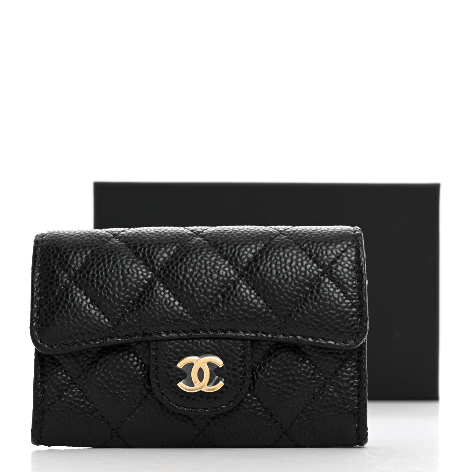 Caviar Quilted Flap Card Holder Wallet Black