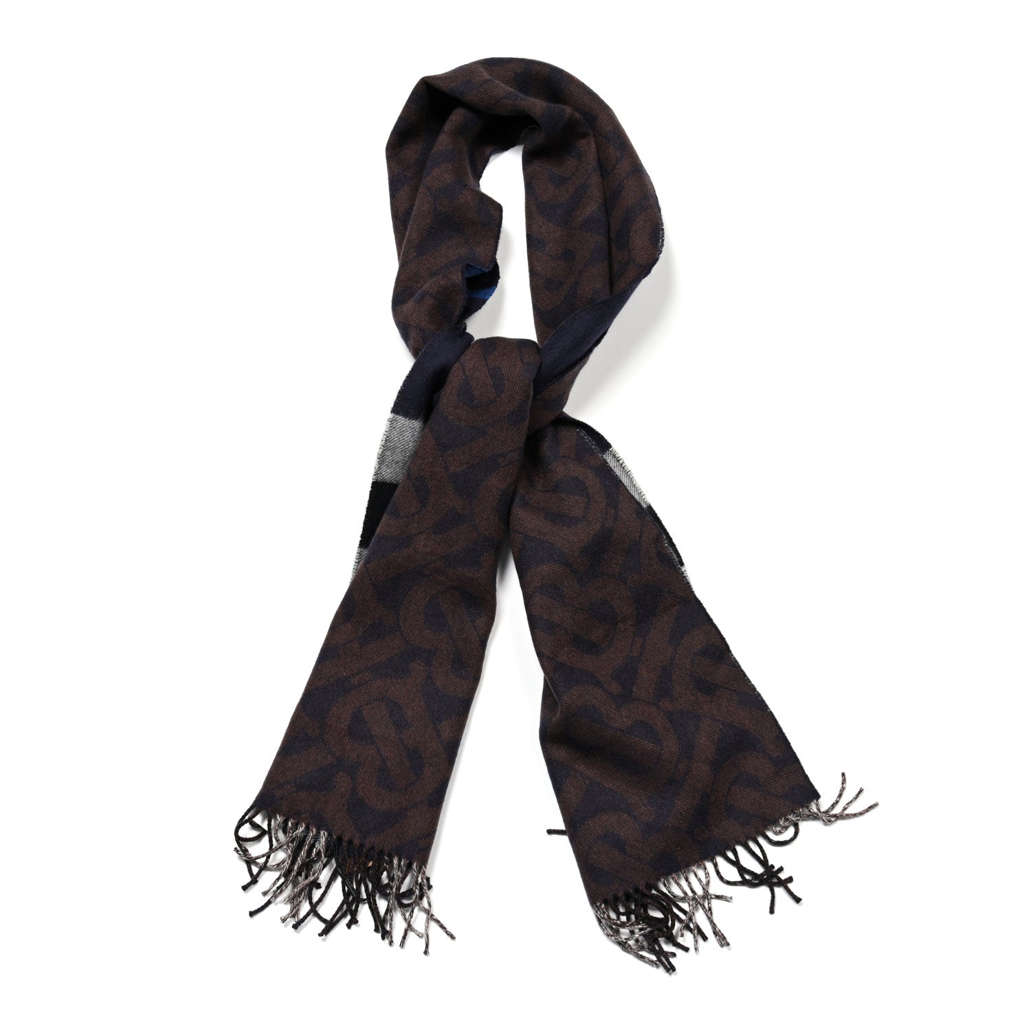 Cashmere Half Mega Check Monogram TB Reversible Fringe Scarf Dark Charcoal Blue