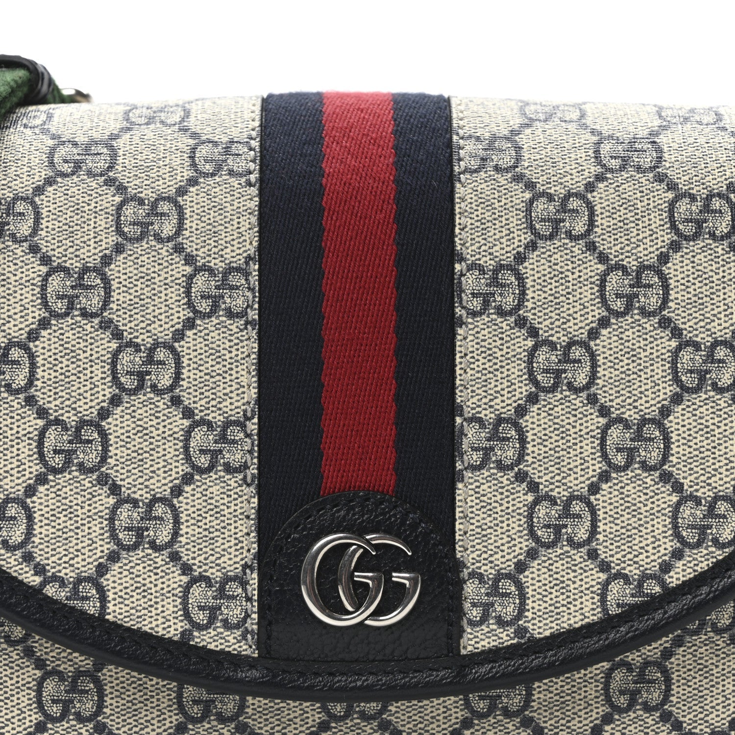 GG Supreme Monogram Textured Dollar Calfskin Web Studded Mini Ophidia Flap Shoulder Bag Beige Blue