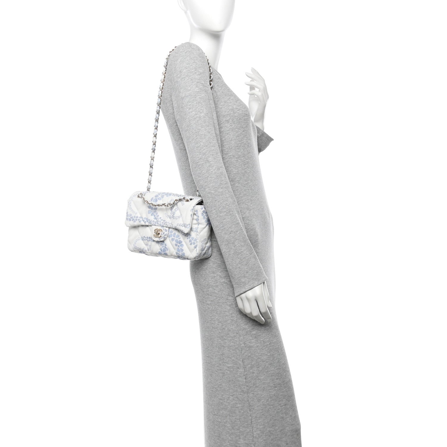 Printed Denim Quilted Mini Rectangular Flap Light Blue White