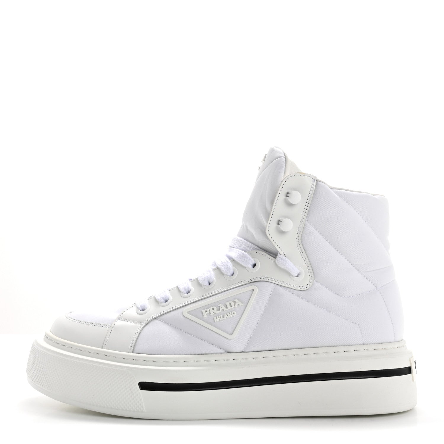 Re-Nylon Gabardine Spazzolato Macro Quilted Triangle Logo Mens High Top 45mm Sneakers 8.5 White