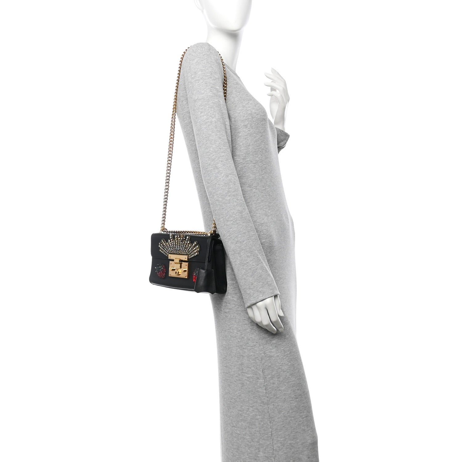 Calfskin Strawberry Embroidered Small Padlock Shoulder Bag Black