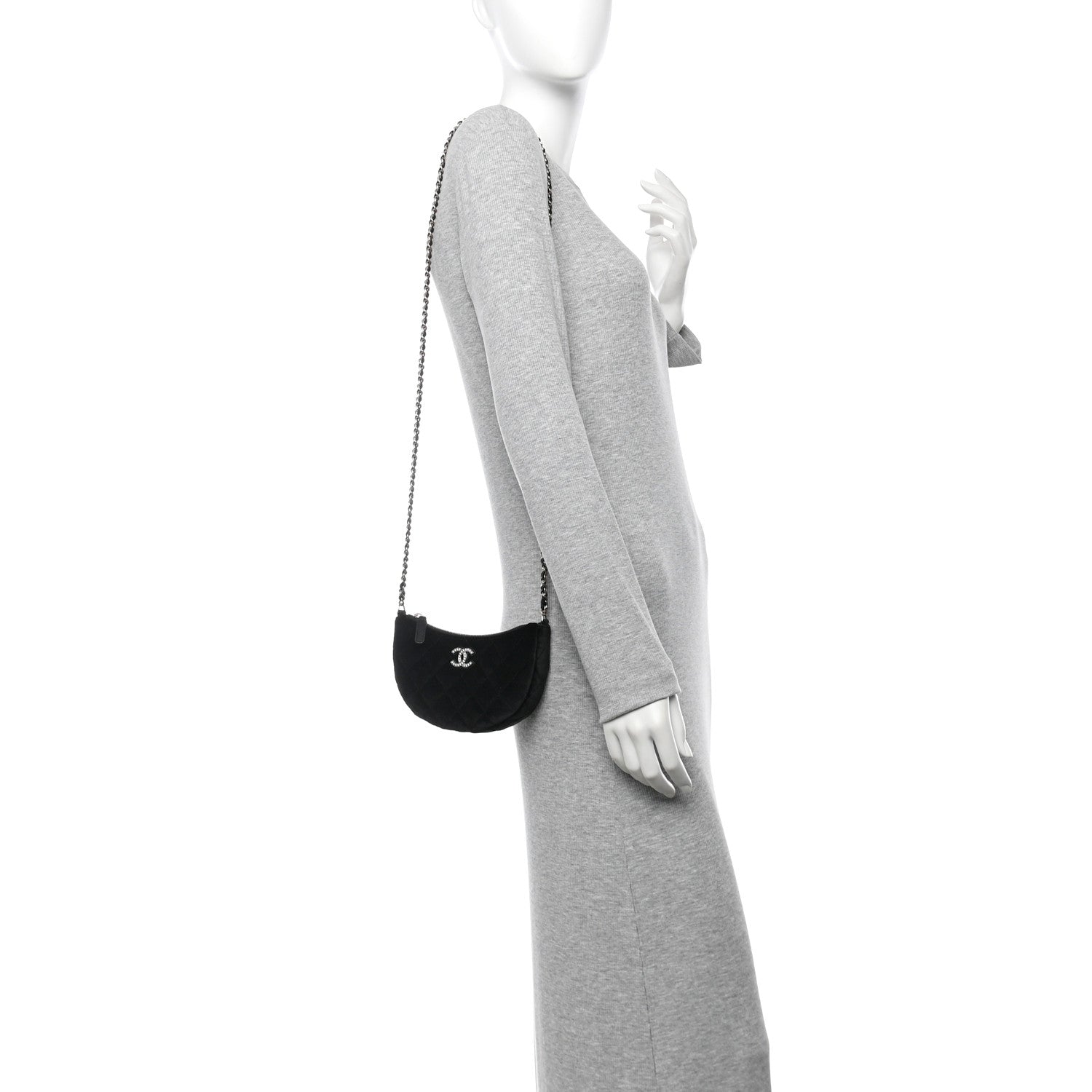 Velvet Crystal Quilted Chain Hobo Black