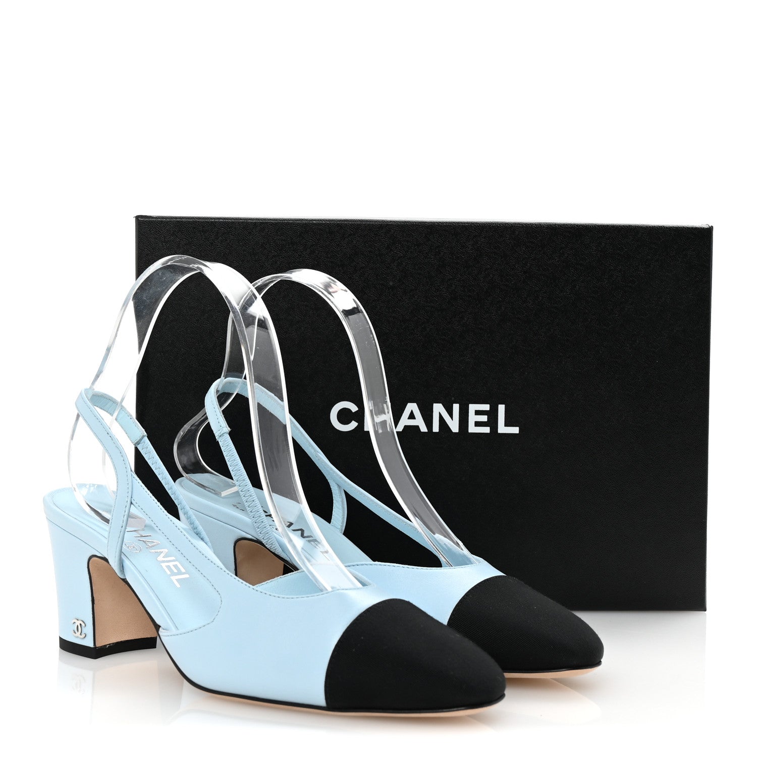 Lambskin Grosgrain Cap Toe CC Slingback Pumps 38 Light Blue Black