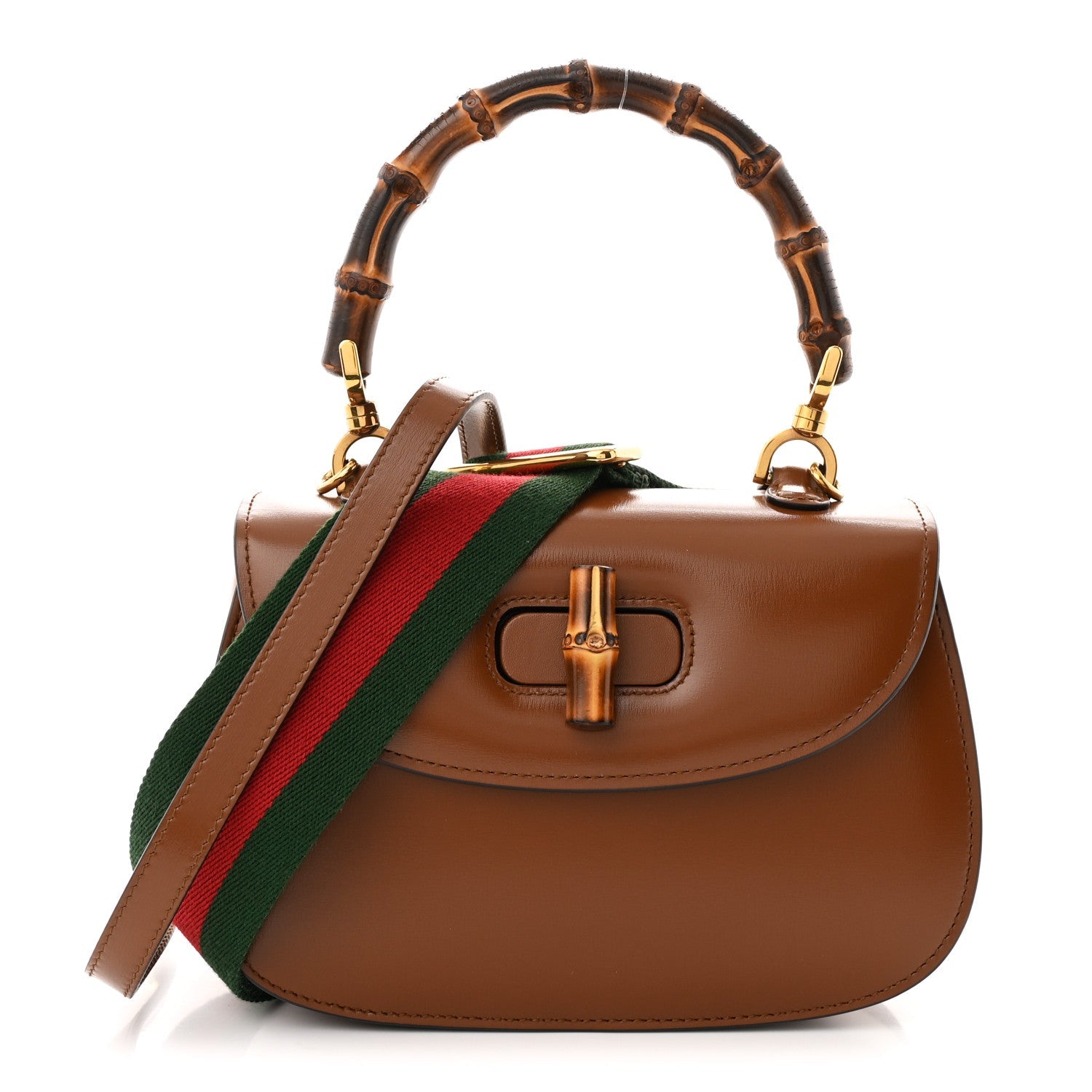 Boarded Dyana Lux Calfskin Web Small Bamboo 1947 Top Handle Bag Brown