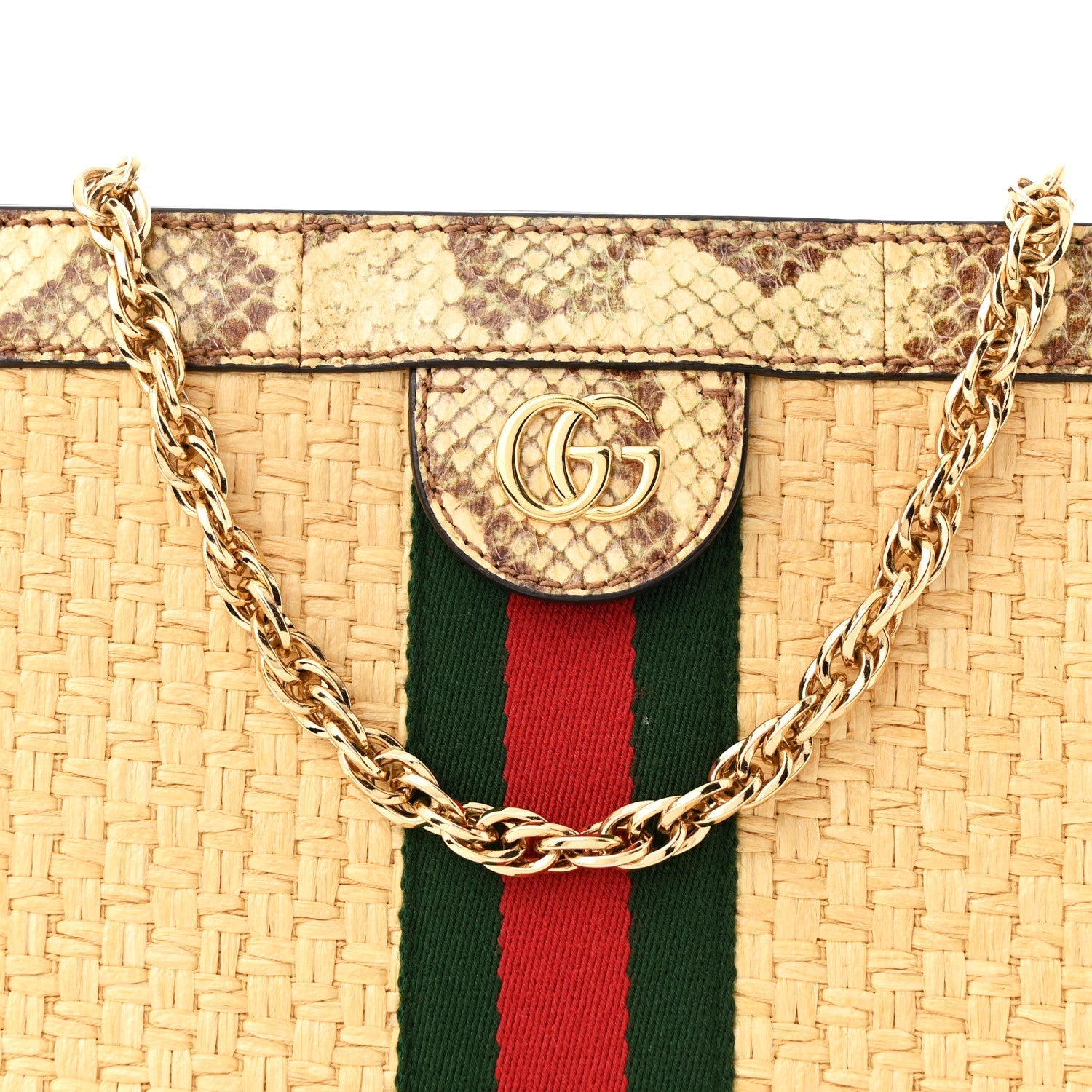 Raffia Elaphe GG Small Ophidia Chain Shoulder Bag Natural Cream Brown