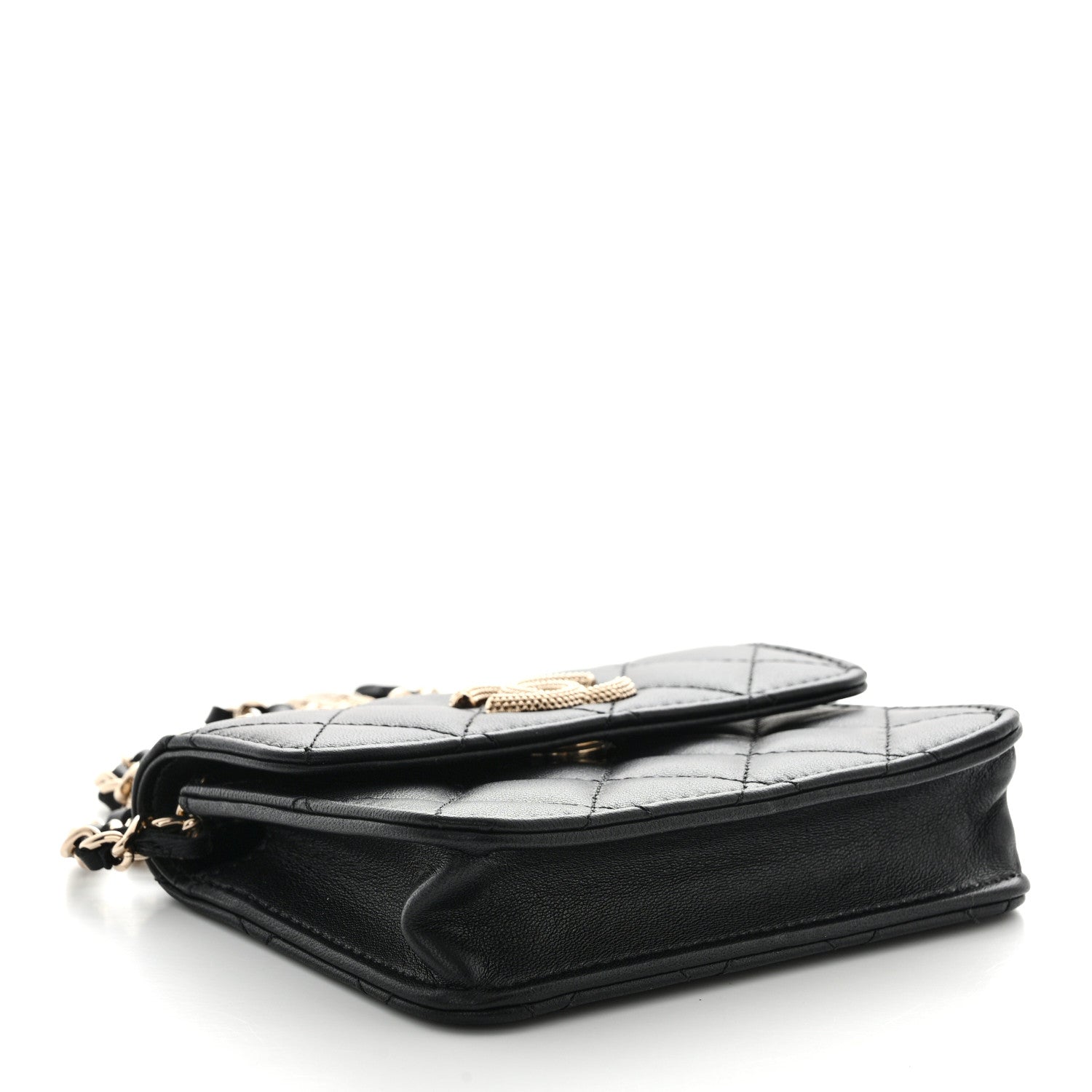 Lambskin Quilted Crystal CC Charm Clutch With Chain Black