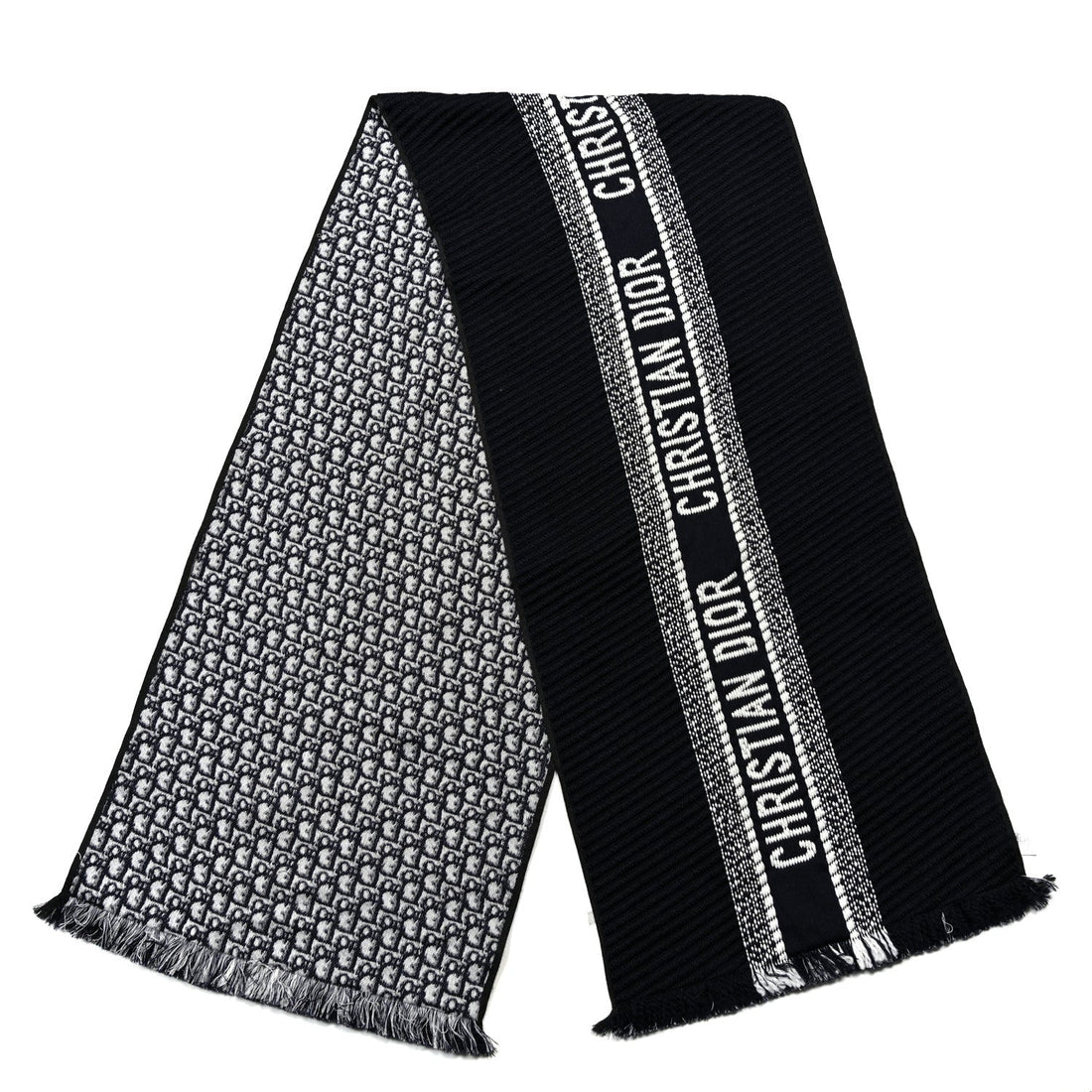 Wool Silk Oblique University Reversible Scarf Navy Blue