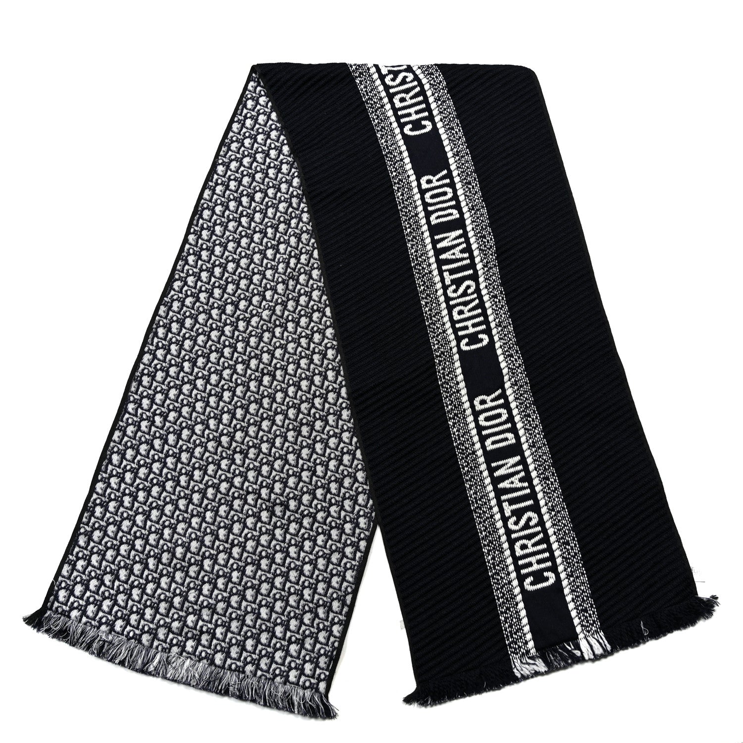 Wool Silk Oblique University Reversible Scarf Navy Blue