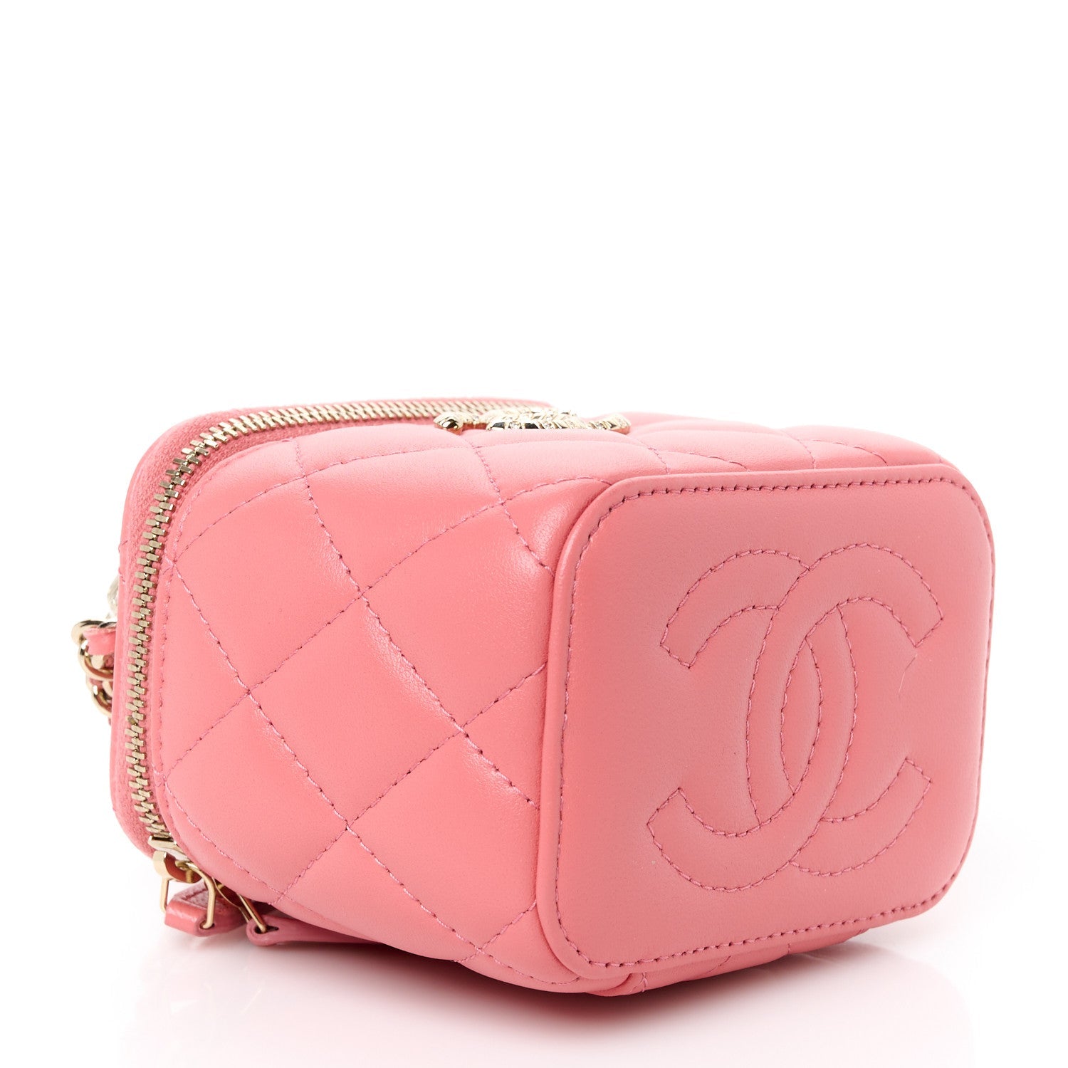 Lambskin Quilted Crystal Top Handle Mini Vanity Case With Chain Coral