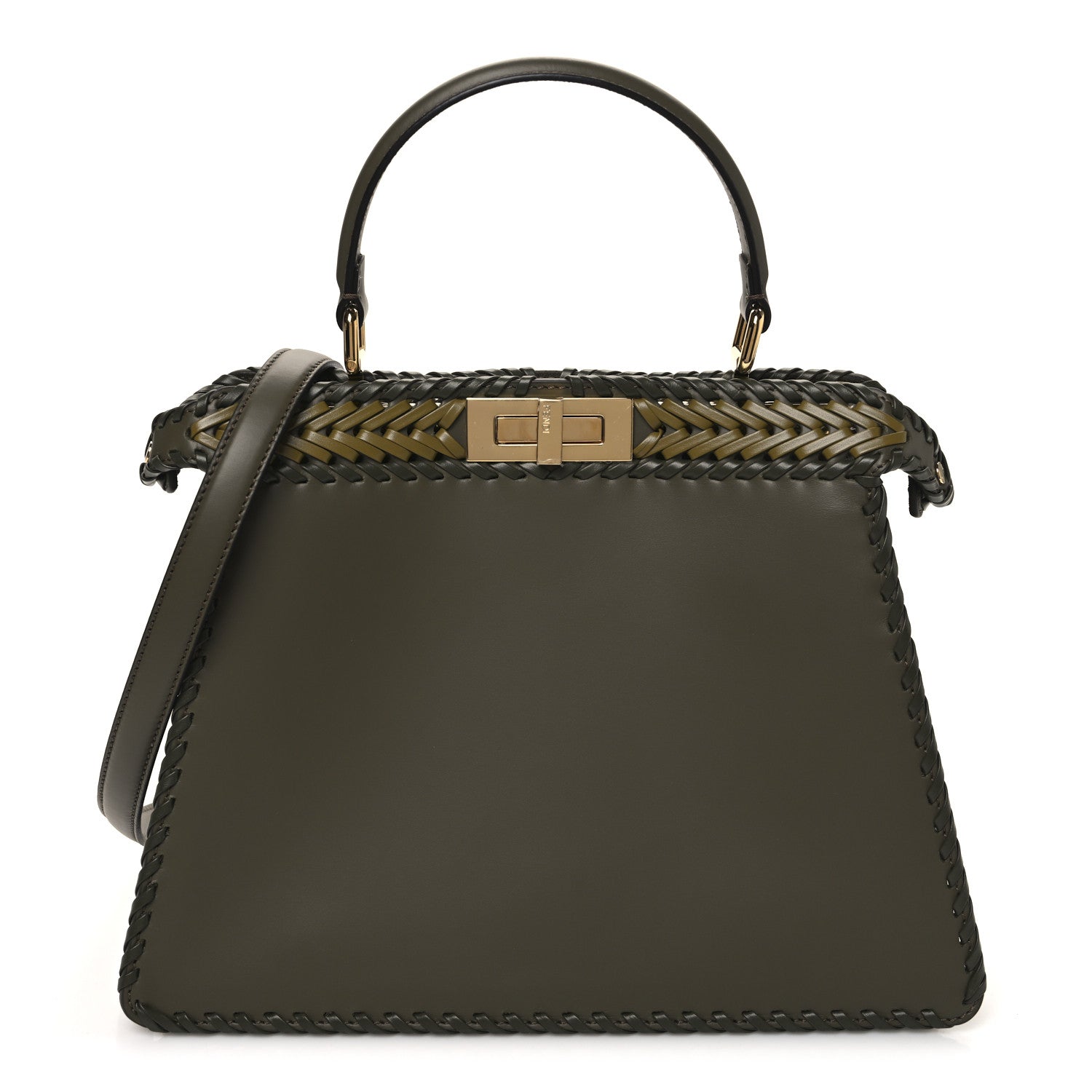 Vitello King Ceylon Shiny Nappa Woven Medium Peekaboo I SEE U Satchel Avocado Cedro Camaleonte